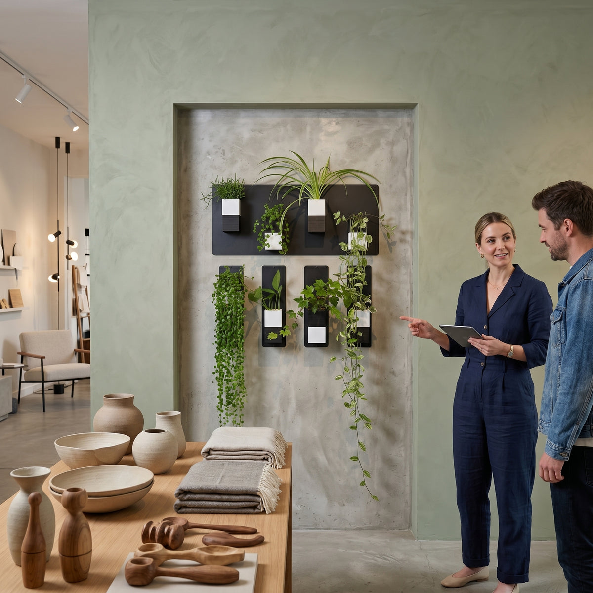 Scène de conseil déco et de vente d'un mur végétal modulaire Éclance décoration intérieur végétal au sein d'un concept store ou showroom. Intégrée dans une niche en béton brut au cœur d'un mur vert sauge à l'enduit mat, la structure associe une plaque magnétique noire horizontale et quatre plaques verticales. Des cache-pots Le cube bicolore noir et blanc (conçus pour des pots de 6cm) y sont aimantés avec des plantes vertes aux feuillages retombants. 