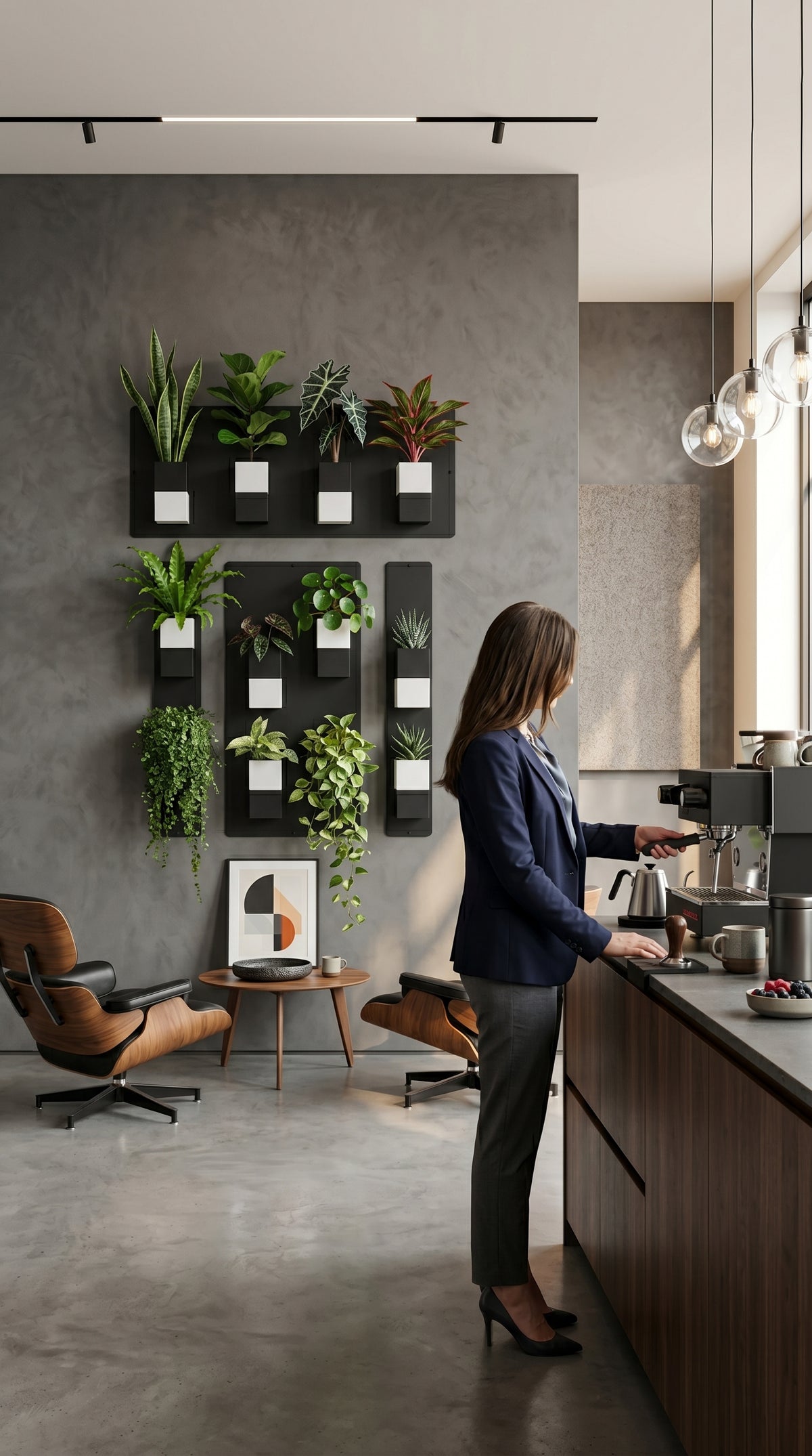 Aménagement biophilique et élégant de l'espace café d'une entreprise moderne par Éclance décoration intérieur végétal. Sur un grand mur texturé gris anthracite effet enduit, un système de mur végétal modulaire combine des plaques magnétiques noires et plusieurs cache-pots Le cube bicolore noir et blanc (adaptés pour des pots de 6cm) garnis de plantes vertes d'intérieur. Au premier plan, une femme en costume prépare une boisson derrière un comptoir en bois avec une machine à expresso. 