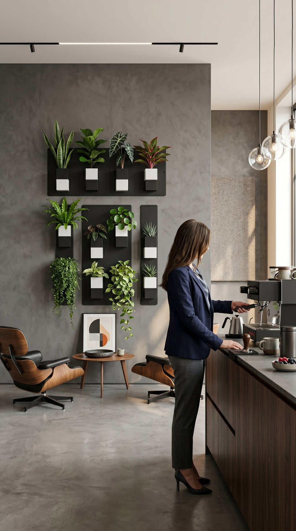 Aménagement biophilique et élégant de l'espace café d'une entreprise moderne par Éclance décoration intérieur végétal. Sur un grand mur texturé gris anthracite effet enduit, un système de mur végétal modulaire combine des plaques magnétiques noires et plusieurs cache-pots Le cube bicolore noir et blanc (adaptés pour des pots de 6cm) garnis de plantes vertes d'intérieur. Au premier plan, une femme en costume prépare une boisson derrière un comptoir en bois avec une machine à expresso. 