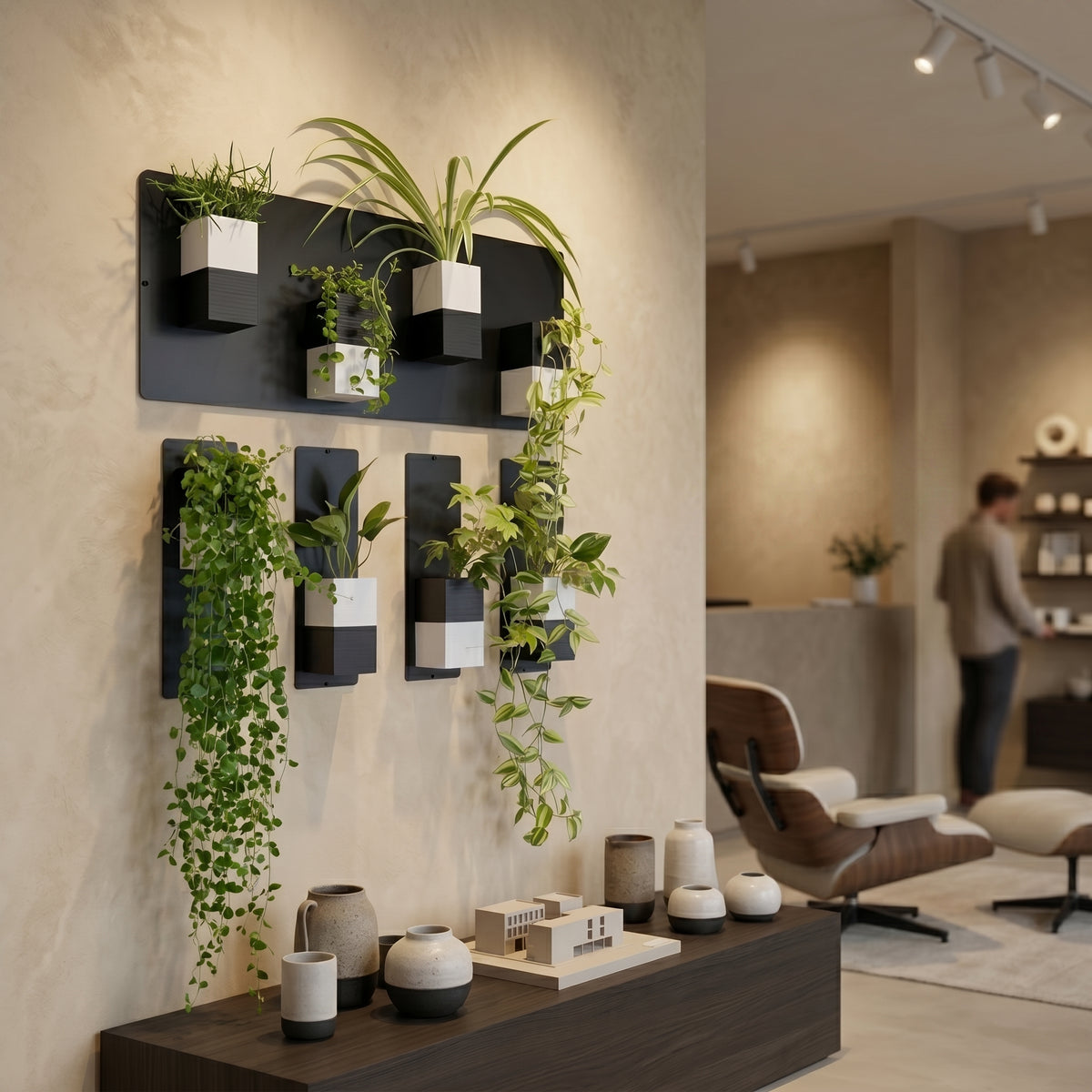 Aménagement biophilique et élégant d'un showroom de design ou d'un cabinet d'architecte par Éclance décoration intérieur végétal. Vue de trois-quarts d'un mur végétal modulaire fixé sur un enduit mat texturé teinte sable. La composition associe une plaque magnétique noire horizontale et quatre plaques verticales fines, où sont aimantés des cache-pots Le cube bicolore noir et blanc (conçus pour des pots de 6cm) accueillant des plantes vertes et de longues cascades de feuillages. 