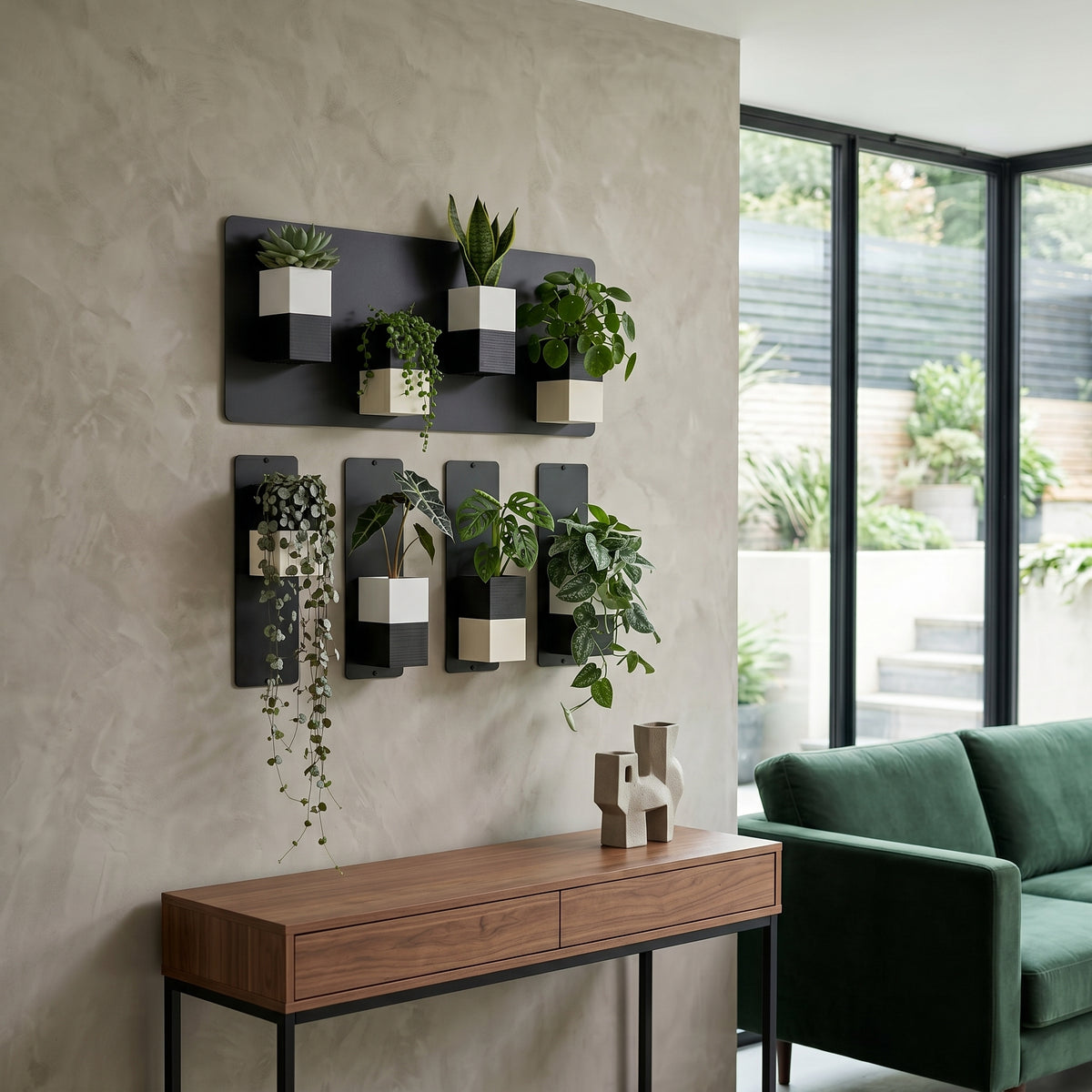 Aménagement biophilique et élégant d'un salon lumineux par Éclance décoration intérieur végétal. Sur un mur texturé grège effet enduit à la chaux, une composition de mur végétal modulaire associe une plaque magnétique noire horizontale et quatre plaques verticales fines. Des cache-pots Le cube bicolore noir et blanc (conçus pour des pots de 6cm) y sont aimantés, mettant en valeur des plantes vertes d'intérieur variées (succulente, pilea, chaîne de cœurs retombante). 