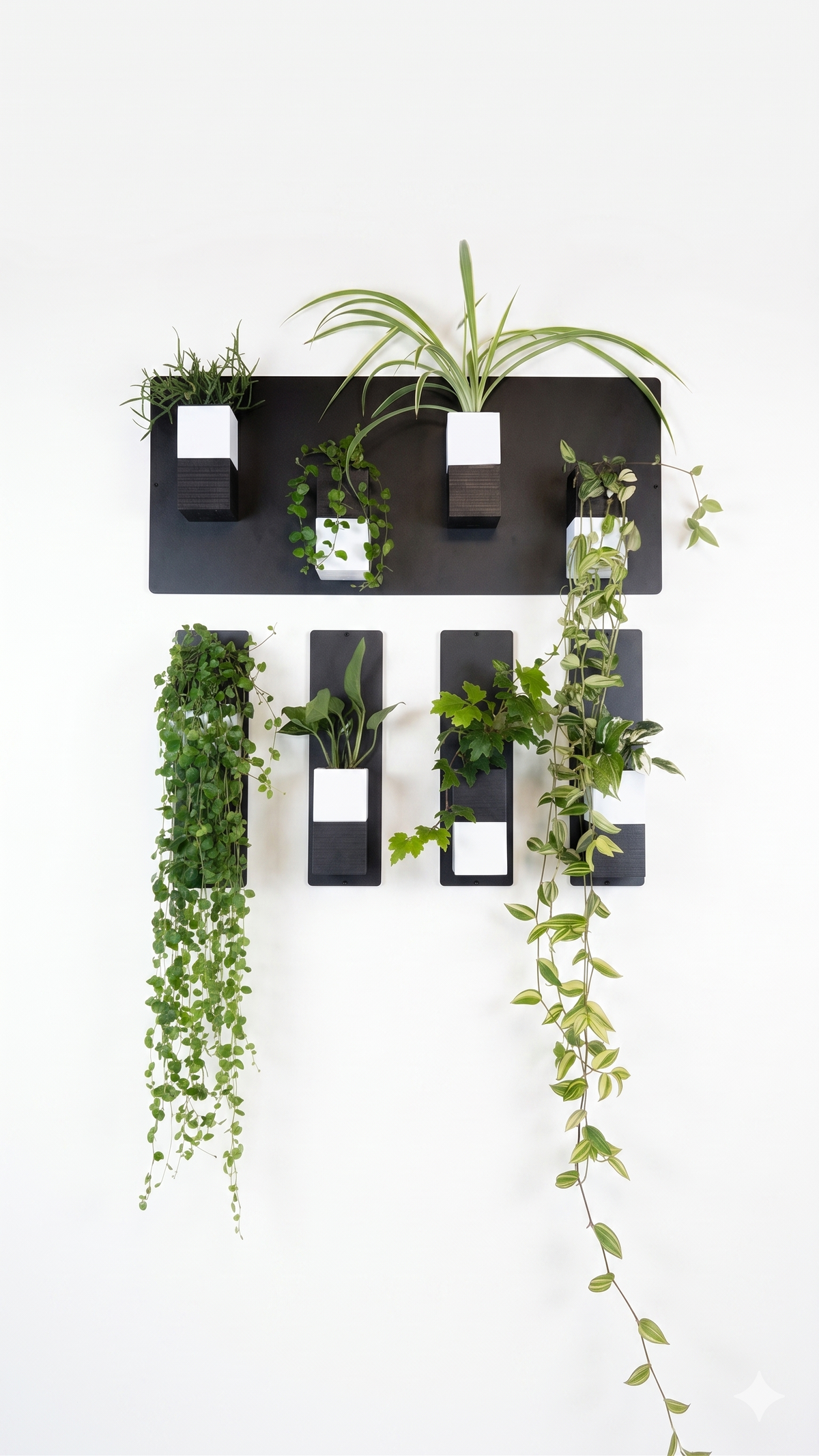 Vue de face d'un mur végétal modulaire Éclance décoration intérieur végétal installé sur un mur blanc minimaliste. La structure graphique se compose d'une grande plaque magnétique noire rectangulaire fixée à l'horizontale, surplombant trois plaques magnétiques fines alignées à la verticale. Plusieurs cache-pots Le cube bicolore noir et blanc (conçus pour des pots de 6cm) y sont aimantés. L'ensemble accueille des plantes vertes variées, caractérisé par deux spectaculaires plantes tombantes.