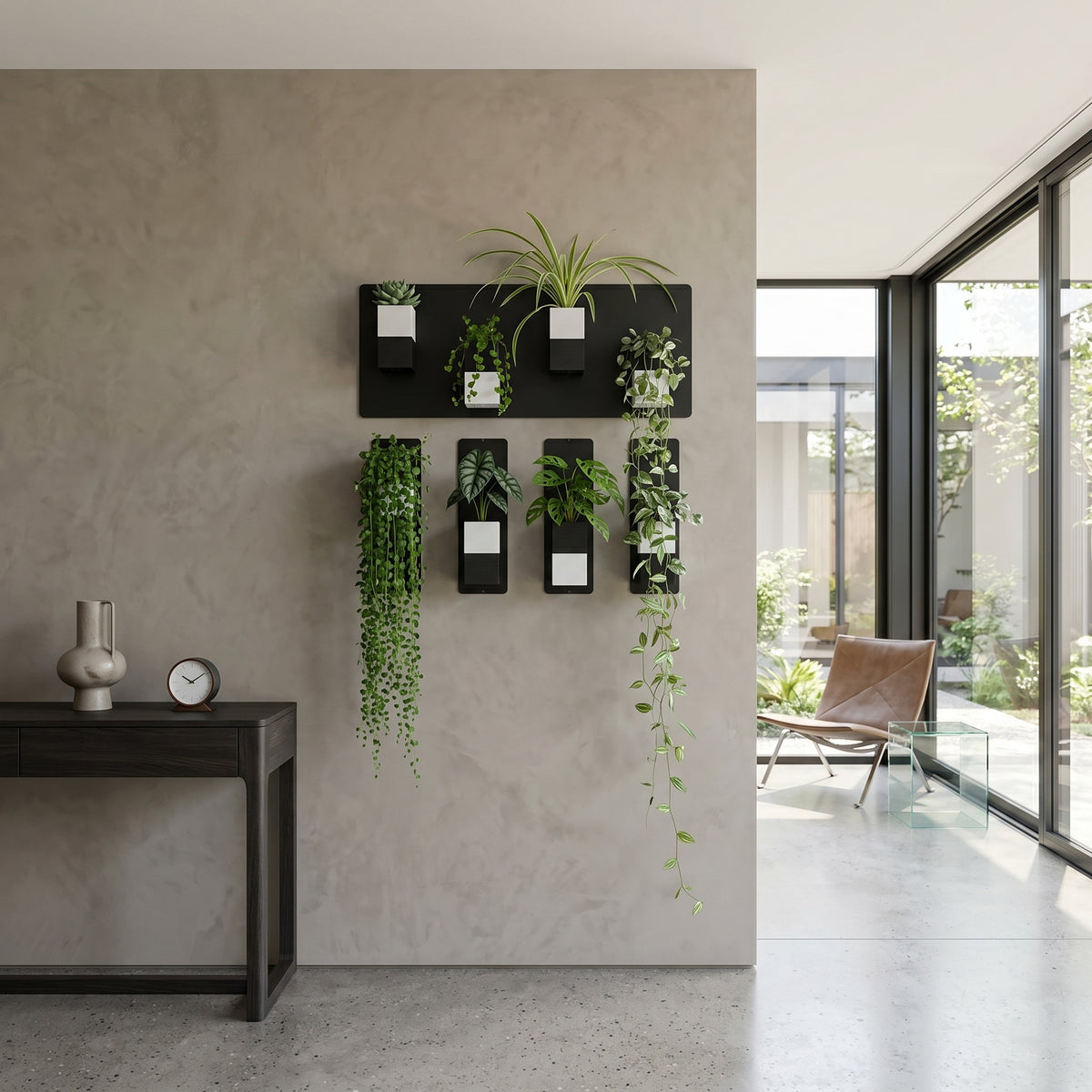 Aménagement biophilique et minimaliste d'une villa contemporaine par Éclance décoration intérieur végétal. Sur un grand mur séparateur grège à l'enduit mat texturé, une composition géométrique de mur végétal modulaire associe une plaque magnétique noire horizontale et quatre plaques verticales fines. Des cache-pots Le cube bicolore noir et blanc (conçus pour des pots de 6cm) y sont aimantés, laissant s'épanouir des plantes vertes d'intérieur dont deux spectaculaires variétés retombant.