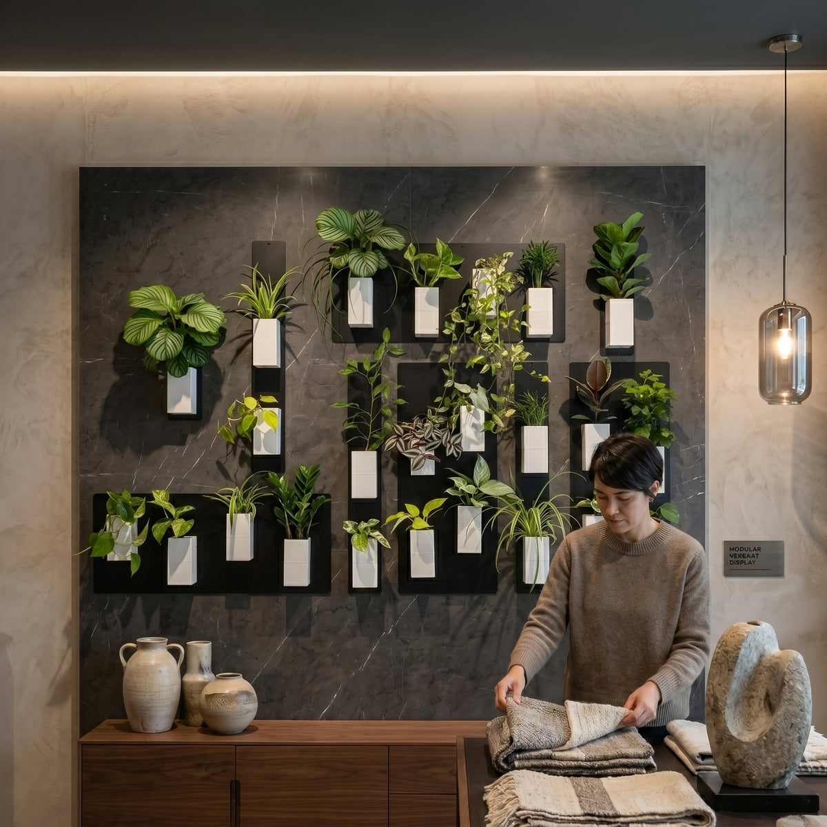 Scénographie lifestyle et commerciale d'un grand mur végétal modulaire Éclance décoration intérieur végétal dans un concept store ou une boutique de créateur. Au premier plan, une femme plie avec soin des plaids et textiles artisanaux sur un comptoir. Juste derrière elle, un imposant mur d'accent en marbre noir veiné de blanc sert de fond à une composition XXL de plaques magnétiques noires. Une multitude de cache-pots monochromes Le cube tout blanc (conçus pour des pots de 6cm) y sont aimantés.