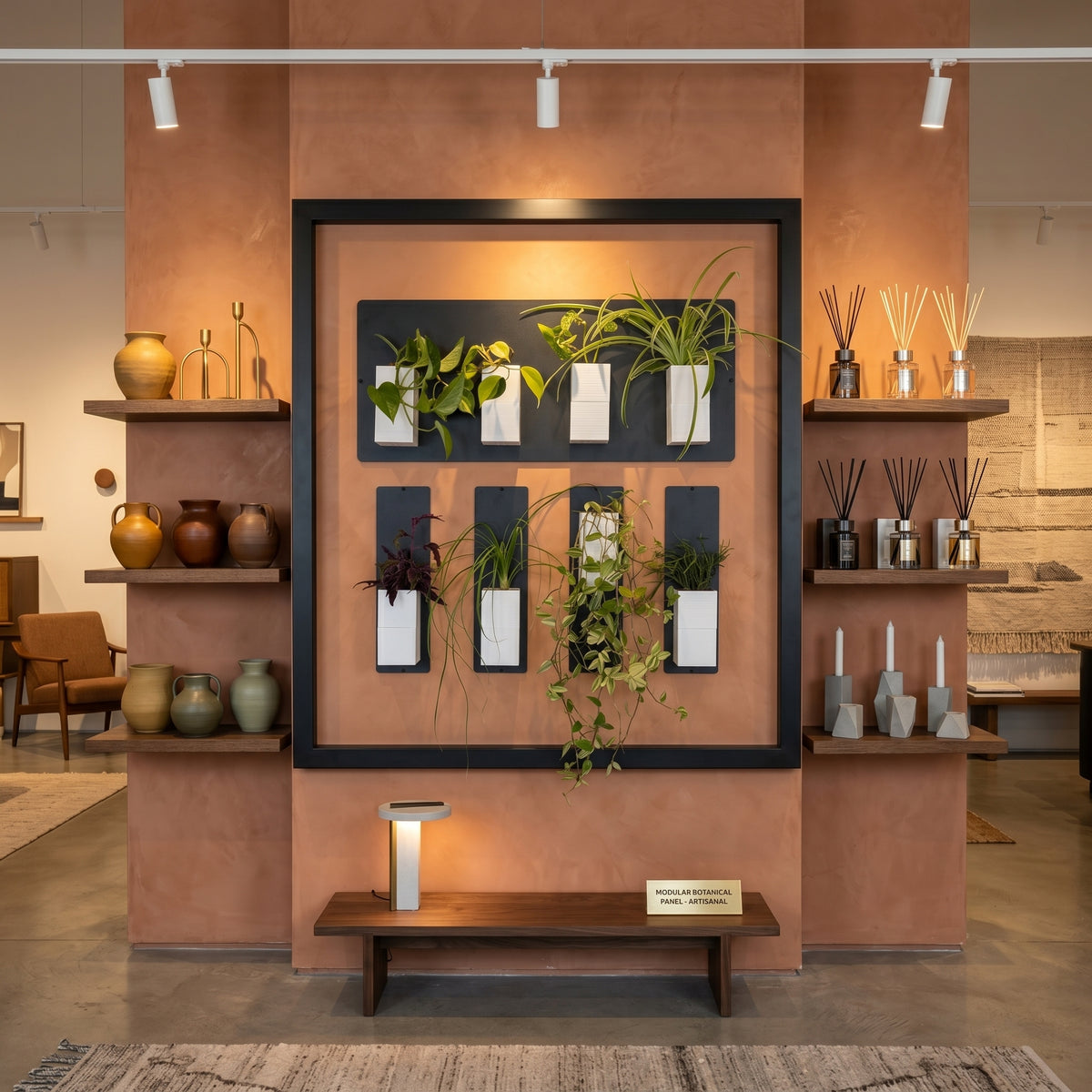 Mise en scène élégante et chaleureuse d'un mur végétal modulaire par Éclance décoration intérieur végétal dans un showroom. Au centre d'un imposant pilier couleur ocre terracotta à l'enduit mat texturé, une grande structure rectangulaire noire encadre une composition graphique : une plaque magnétique horizontale noire surmontant quatre plaques verticales. Plusieurs cache-pots Le cube tout blanc (conçus pour des pots de 6cm) y sont aimantés, laissant s'épanouir des plantes vertes et des lierres retombants.