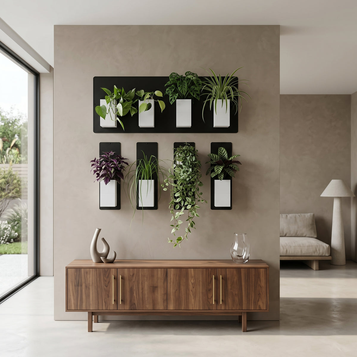 Aménagement biophilique et serein d'un salon au style moderne et chaleureux par Éclance décoration intérieur végétal. Sur un mur central grège chaud à l'enduit mat texturé, une composition de mur végétal modulaire associe une plaque magnétique noire horizontale et quatre plaques verticales fines. Plusieurs cache-pots Le cube tout blanc (conçus pour des pots de 6cm) y sont aimantés, laissant s'épanouir des plantes d'intérieur variées aux feuillages graphiques et retombants. 