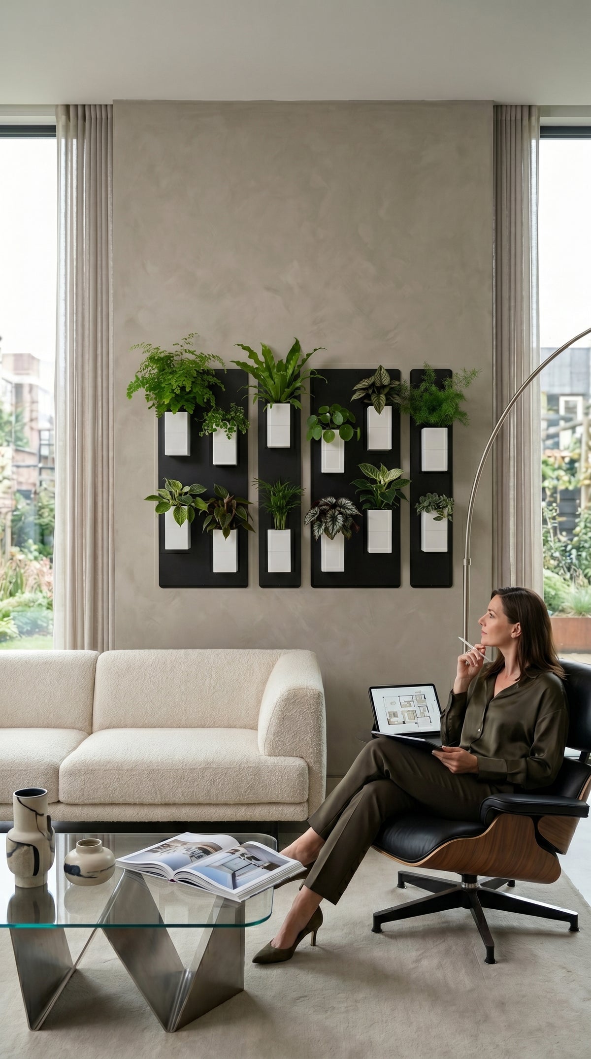 Aménagement biophilique et hautement relaxant d'un salon au style Japandi ou modern organic par Éclance décoration intérieur végétal. Sur un grand mur épuré à l'enduit texturé beige clair, un mur végétal modulaire équipé d'un rétroéclairage LED chaleureux associe des plaques magnétiques noires et de nombreux cache-pots Le cube tout blanc (conçus pour des pots de 6cm) garnis de plantes vertes variées. 