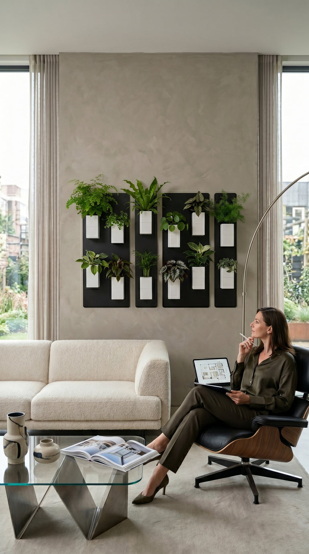 Aménagement biophilique et hautement relaxant d'un salon au style Japandi ou modern organic par Éclance décoration intérieur végétal. Sur un grand mur épuré à l'enduit texturé beige clair, un mur végétal modulaire équipé d'un rétroéclairage LED chaleureux associe des plaques magnétiques noires et de nombreux cache-pots Le cube tout blanc (conçus pour des pots de 6cm) garnis de plantes vertes variées. 