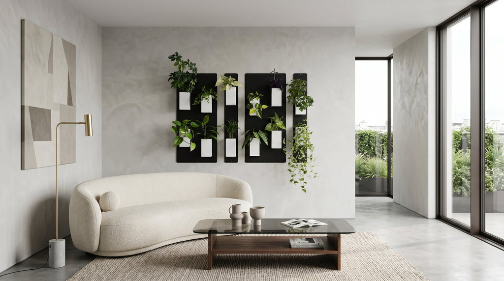  Aménagement biophilique et minimaliste d'un salon penthouse lumineux par Éclance décoration intérieur végétal. Fixée sur un grand mur texturé gris clair effet enduit mat, une composition de mur végétal modulaire associe des plaques magnétiques noires et plusieurs cache-pots Le cube tout blanc (conçus pour des pots de 6cm) garnis de plantes vertes d'intérieur variées. Un canapé curviligne de style haricot en tissu bouclé crème repose sur un grand tapis tissé beige, devant une table basse en verre et bois.
