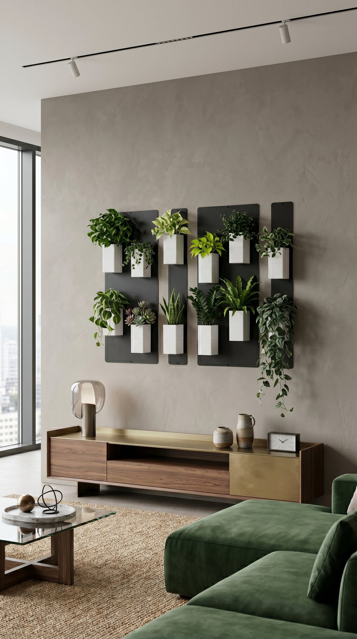 Aménagement biophilique et sophistiqué d'un salon chic par Éclance décoration intérieur végétal. Sur un grand mur texturé de couleur grège ou taupe clair, un grand mur végétal modulaire associe des plaques magnétiques noires et plusieurs cache-pots Le cube tout blanc (conçus pour des pots de 6cm) d'où s'épanouissent des plantes vertes variées. En dessous, un buffet bas en bois de noyer et laiton doré supporte une lampe globe design et des vases en céramique. 