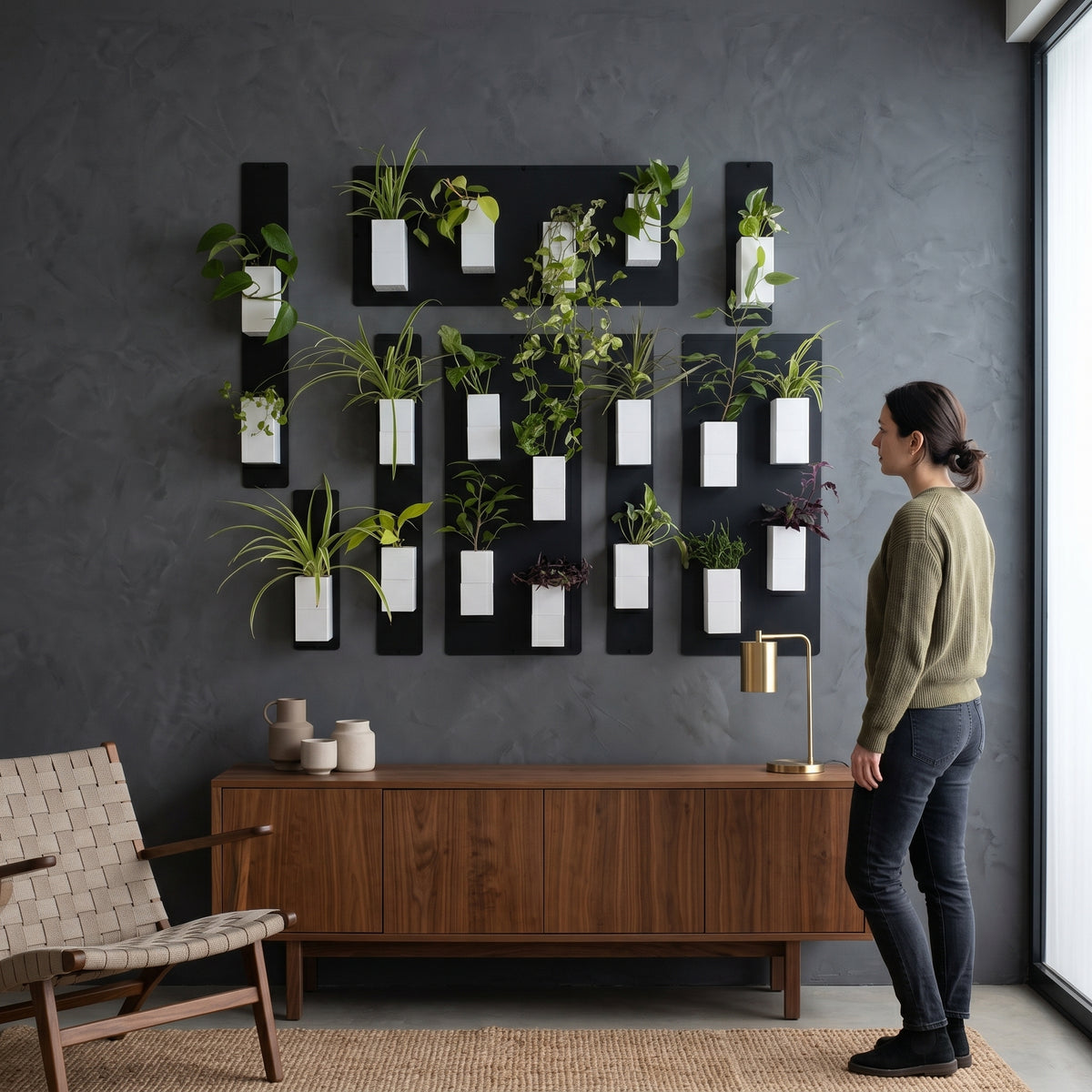 Une femme de profil contemple une grande composition de mur végétal modulaire Éclance décoration intérieur végétal. Sur un grand mur texturé gris anthracite, plusieurs plaques magnétiques noires accueillent de nombreux cache-pots Le cube tout blanc, adaptés pour des pots de 6cm, remplis de plantes vertes d'intérieur. Sous cette installation biophilique, un buffet épuré en bois de noyer supporte une lampe dorée. Un fauteuil tressé et un tapis en jute complètent ce salon contemporain.