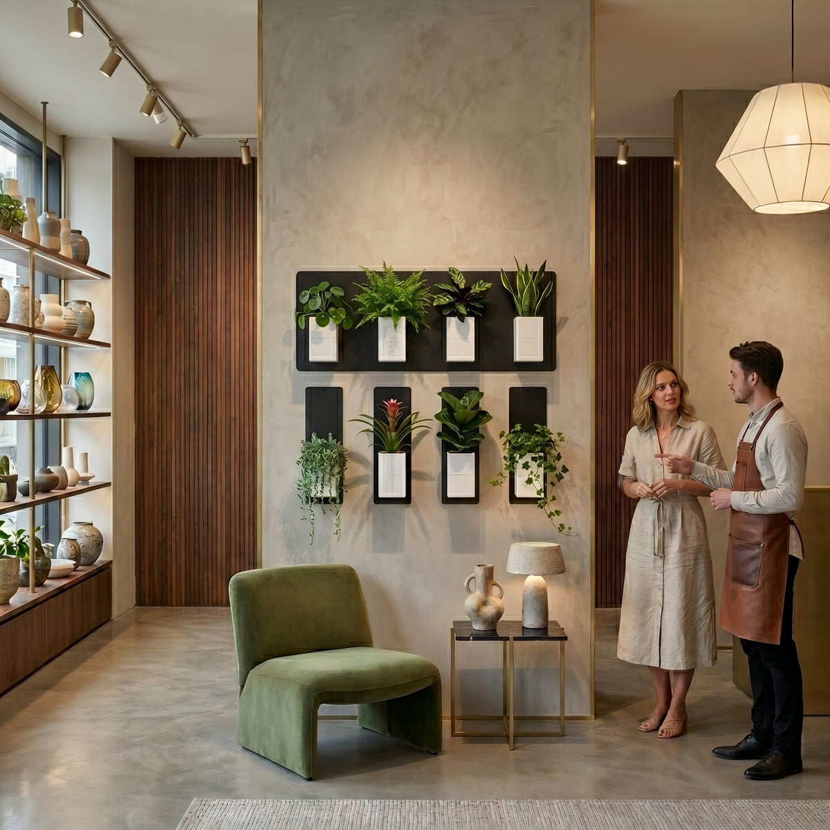 Mise en scène lifestyle et chaleureuse d'un mur végétal modulaire Éclance décoration intérieur végétal au sein d'une boutique de design. Sur un pilier central en enduit mat grège, l'installation associe une plaque magnétique noire horizontale et quatre plaques verticales. Plusieurs cache-pots Le cube tout blanc (conçus pour des pots de 6cm) y sont aimantés avec des plantes d'intérieur vertes et fleuries. Au premier plan, un fauteuil design en velours vert olive repose sur un sol en béton ciré. 