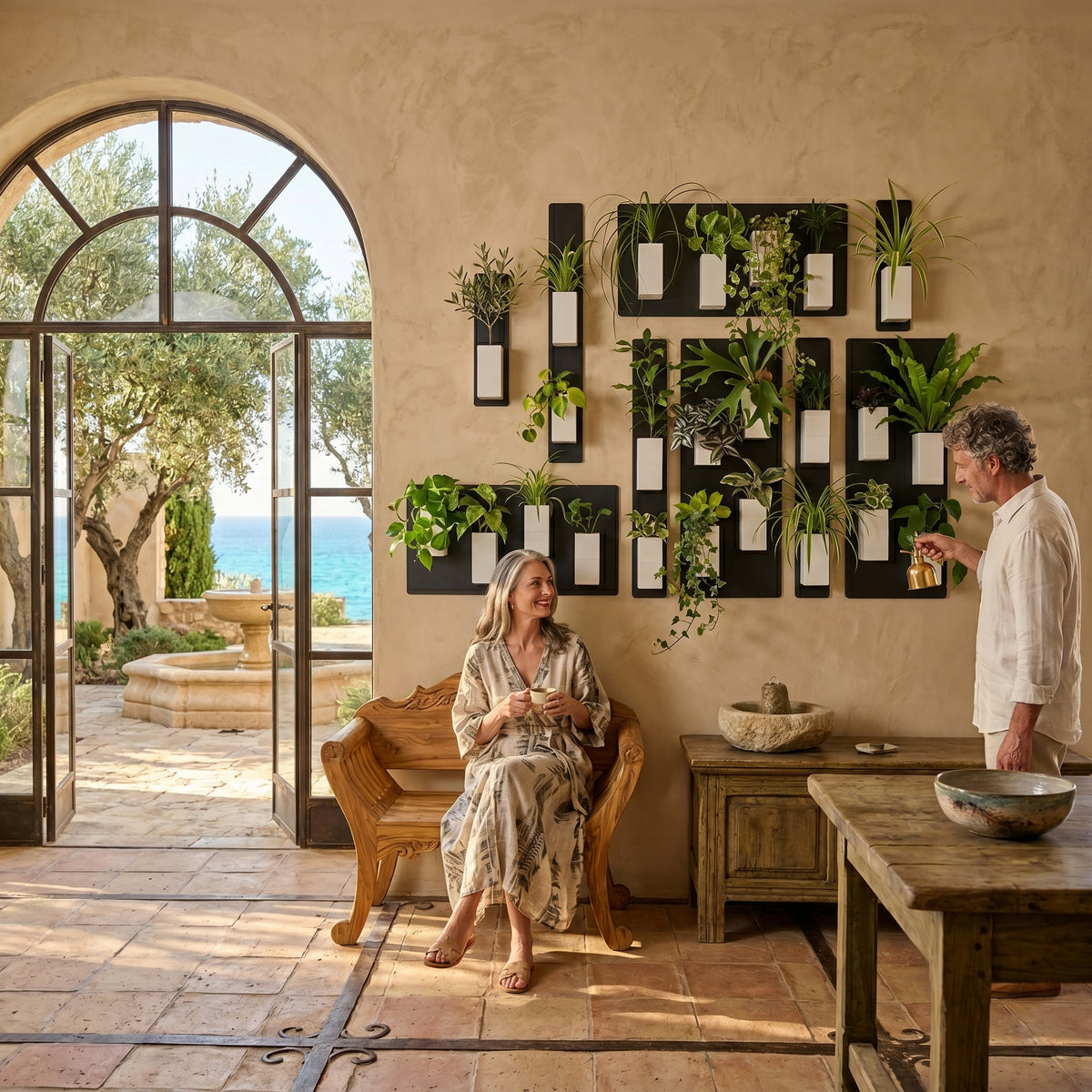 Mise en scène lifestyle et solaire d'un grand mur végétal modulaire Éclance décoration intérieur végétal dans une villa de style méditerranéen. Sur un grand mur texturé beige ocre à l'enduit à la chaux, une composition murale XXL de plaques magnétiques noires accueille une multitude de cache-pots monochromes Le cube tout blanc (conçus pour des pots de 6cm). À droite, un homme en chemise blanche s'apprête à arroser les plantes avec un arrosoir en laiton doré, sous le regard souriant d'une femme assise.