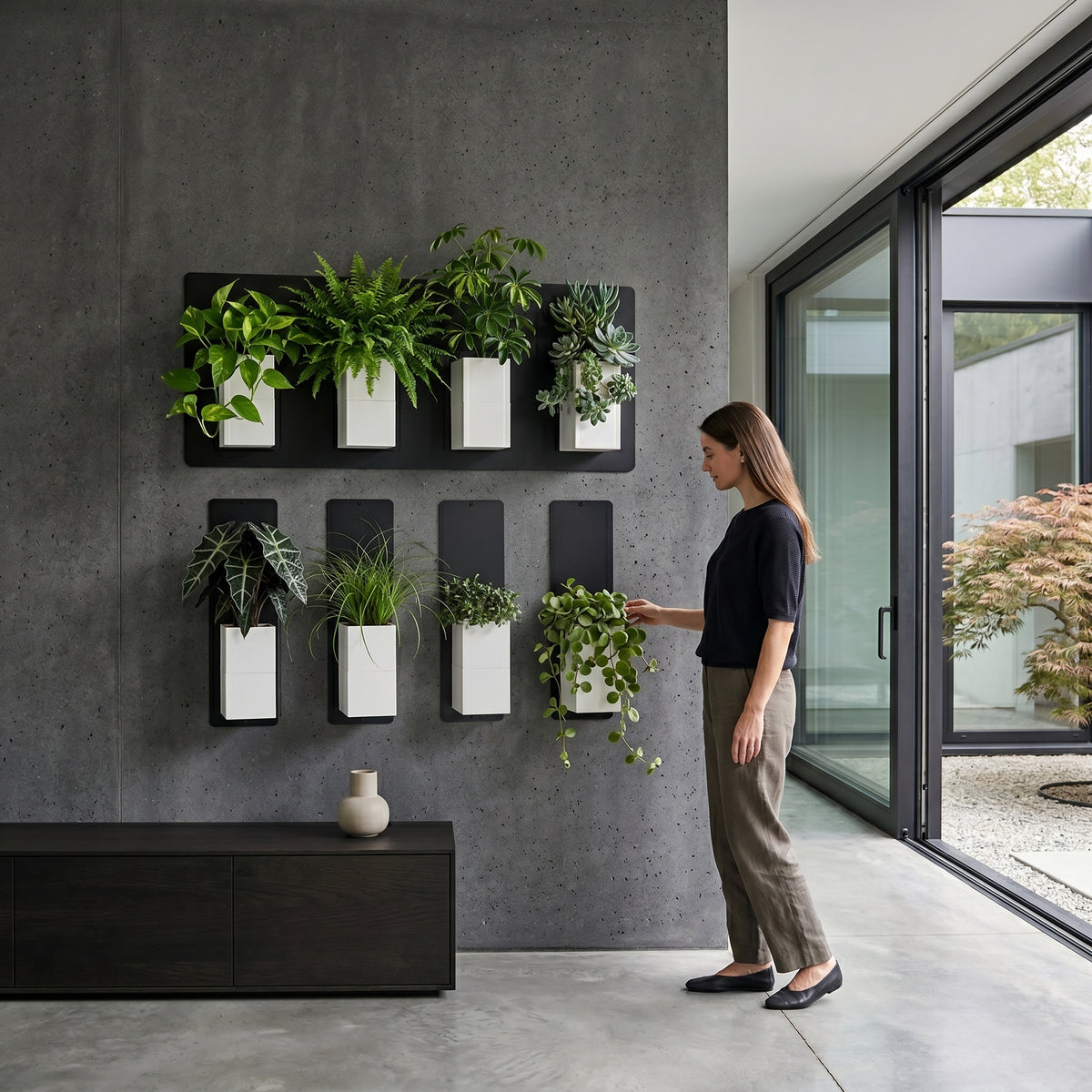 Aménagement biophilique et luxueux d'un salon minimaliste par Éclance décoration intérieur végétal. Sur un imposant mur en béton brut gris foncé texturé, un système de mur végétal modulaire combine une plaque magnétique noire horizontale et quatre plaques verticales fines. Plusieurs cache-pots Le cube tout blanc (conçus pour des pots de 6cm) y sont aimantés, mettant en valeur des plantes vertes d'intérieur luxuriantes (fougère, alocasia, pothos). À droite, une jeune femme en tenue décontractée.