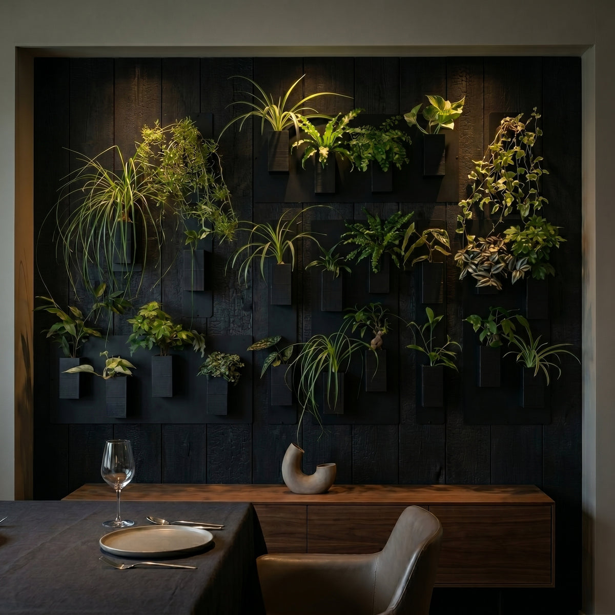 Aménagement biophilique, intime et théâtral d'une salle à manger haut de gamme par Éclance décoration intérieur végétal. Sur un magnifique mur d'accent en planches de bois brûlé traditionnel Shou Sugi Ban noir et texturé, une composition murale XXL associe plusieurs plaques magnétiques noires. Une multitude de cache-pots monochromes Le cube tout noir (conçus pour des pots de 6cm) y sont aimantés, créant un immense tableau végétal foisonnant mis en relief par un éclairage chaleureux tamisé.