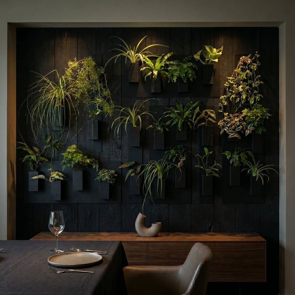 Aménagement biophilique, intime et théâtral d'une salle à manger haut de gamme par Éclance décoration intérieur végétal. Sur un magnifique mur d'accent en planches de bois brûlé traditionnel Shou Sugi Ban noir et texturé, une composition murale XXL associe plusieurs plaques magnétiques noires. Une multitude de cache-pots monochromes Le cube tout noir (conçus pour des pots de 6cm) y sont aimantés, créant un immense tableau végétal foisonnant mis en relief par un éclairage chaleureux tamisé.