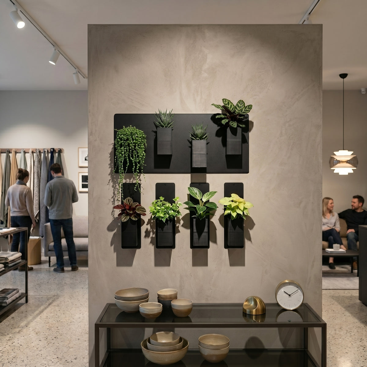 Aménagement biophilique et chaleureux d'un concept store ou showroom de design d'intérieur par Éclance décoration intérieur végétal. Sur un pilier mural central texturé beige effet enduit mat, une composition graphique de mur végétal modulaire associe une plaque magnétique noire horizontale et quatre plaques verticales fines. Plusieurs cache-pots monochromes Le cube tout noir (conçus pour des pots de 6cm) y sont aimantés, laissant s'épanouir des plantes d'intérieur et des succulentes. 