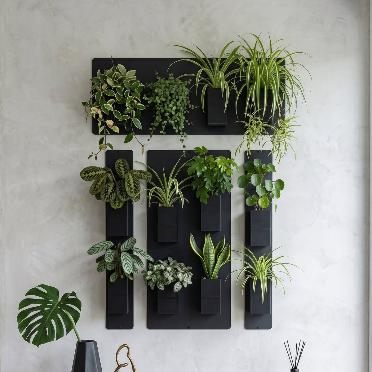 Aménagement biophilique et graphique d'un salon lumineux par Éclance décoration intérieur végétal. Un grand mur végétal modulaire, composé de panneaux magnétiques noirs et de cache-pots Le cube tout noir (adaptés pour des pots de 6cm), est fixé sur un mur texturé gris clair à l'effet enduit naturel. Le système accueille une grande variété de plantes vertes d'intérieur. En dessous, un buffet bas en bois de noyer supporte un vase noir avec une feuille de monstera, un diffuseur de parfum.