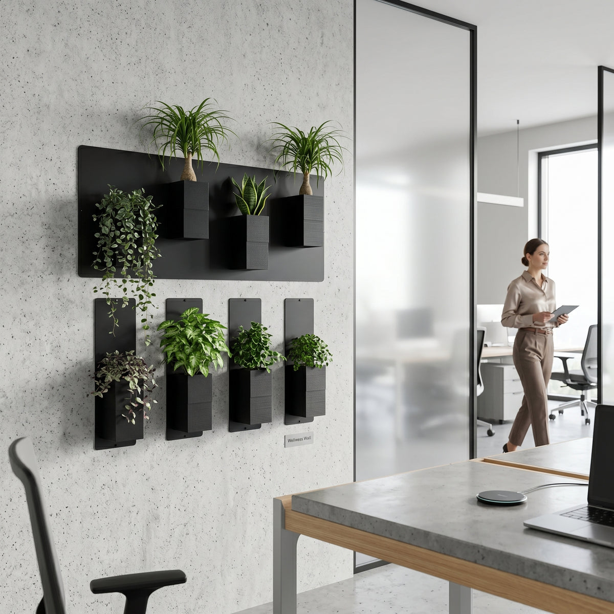 Aménagement biophilique et corporatif d'un bureau d'entreprise moderne par Éclance décoration intérieur végétal. Fixée sur un grand mur en béton brut gris clair texturé, une composition de mur végétal modulaire associe une plaque magnétique noire horizontale et quatre plaques verticales fines. Plusieurs cache-pots monochromes Le cube tout noir (conçus pour des pots de 6cm) y sont aimantés, accueillant des plantes vertes de bureau variées et des feuillages retombants. Au premier plan, un bureau contemporain.