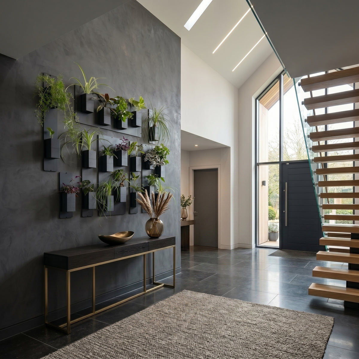 Aménagement biophilique magistral d'un grand hall d'entrée de luxe par Éclance décoration intérieur végétal. Sur un imposant mur texturé gris anthracite effet béton ciré,un grand mur végétal modulaire associe des panneaux magnétiques noirs et de nombreux cache-pots Le cube tout noir adaptés pour des pots de 6cm. En dessous, une console design en bois noir et laiton doré supporte un vase avec des herbes de pampas. À droite, un escalier suspendu architectural en bois et verre s'élève sous un plafond cathédral
