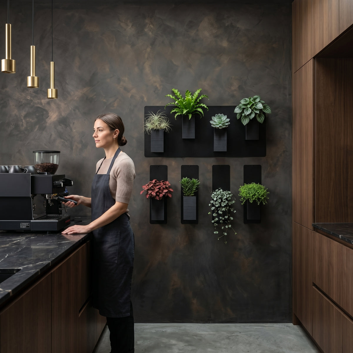 Aménagement biophilique et sophistiqué d'un espace café premium ou d'une cuisine haut de gamme par Éclance décoration intérieur végétal. Sur un grand mur texturé effet enduit mat aux nuances sombres de bronze et de charbon, un mur végétal modulaire combine une plaque magnétique noire horizontale et quatre plaques verticales fines. Plusieurs cache-pots  Le cube tout noir (conçus pour des pots de 6cm) y sont aimantés, laissant s'épanouir des plantes d'intérieur variées. Une femme utilise une machine expresso.