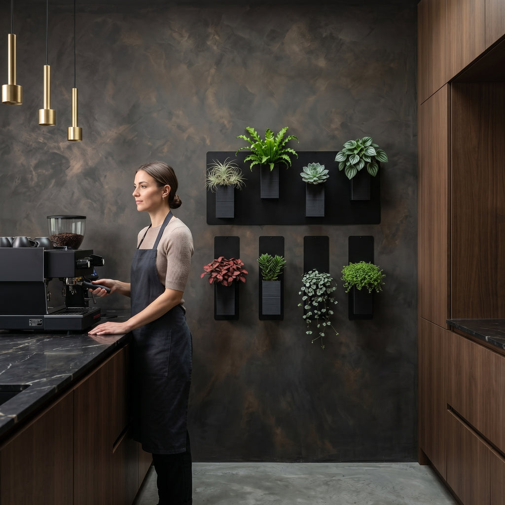 Aménagement biophilique et sophistiqué d'un espace café premium ou d'une cuisine haut de gamme par Éclance décoration intérieur végétal. Sur un grand mur texturé effet enduit mat aux nuances sombres de bronze et de charbon, un mur végétal modulaire combine une plaque magnétique noire horizontale et quatre plaques verticales fines. Plusieurs cache-pots  Le cube tout noir (conçus pour des pots de 6cm) y sont aimantés, laissant s'épanouir des plantes d'intérieur variées. Une femme utilise une machine expresso.