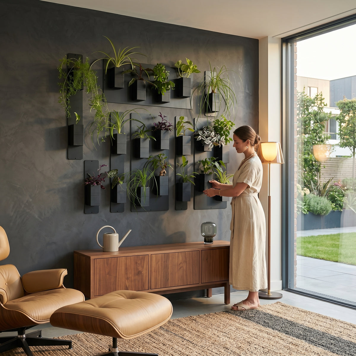 Une femme en robe beige ajuste un pot sur une grande composition de mur végétal modulaire Éclance décoration intérieur végétal. Installée sur un mur texturé gris foncé, la structure associe des panneaux magnétiques noirs et de nombreux cache-pots Le cube tout noir adaptés pour des pots de 6cm. En dessous, un buffet épuré en bois de noyer accueille un arrosoir clair. Un fauteuil lounge  en cuir beige, un lampadaire et un tapis tressé complètent ce salon chic largement ouvert sur un jardin par une baie vitrée