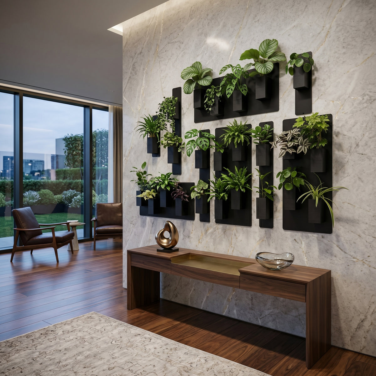 Aménagement biophilique et luxueux d'un salon de penthouse contemporain par Éclance décoration intérieur végétal. Sur un grand mur d'accent en marbre blanc poli paré de veines dorées, une composition murale XXL rassemble plusieurs plaques magnétiques noires installées à l'horizontale et à la verticale. Une multitude de cache-pots monochromes Le cube tout noir (conçus pour des pots de 6cm) y sont aimantés, créant un grand tableau végétal asymétrique et luxuriant aux feuillages variés.