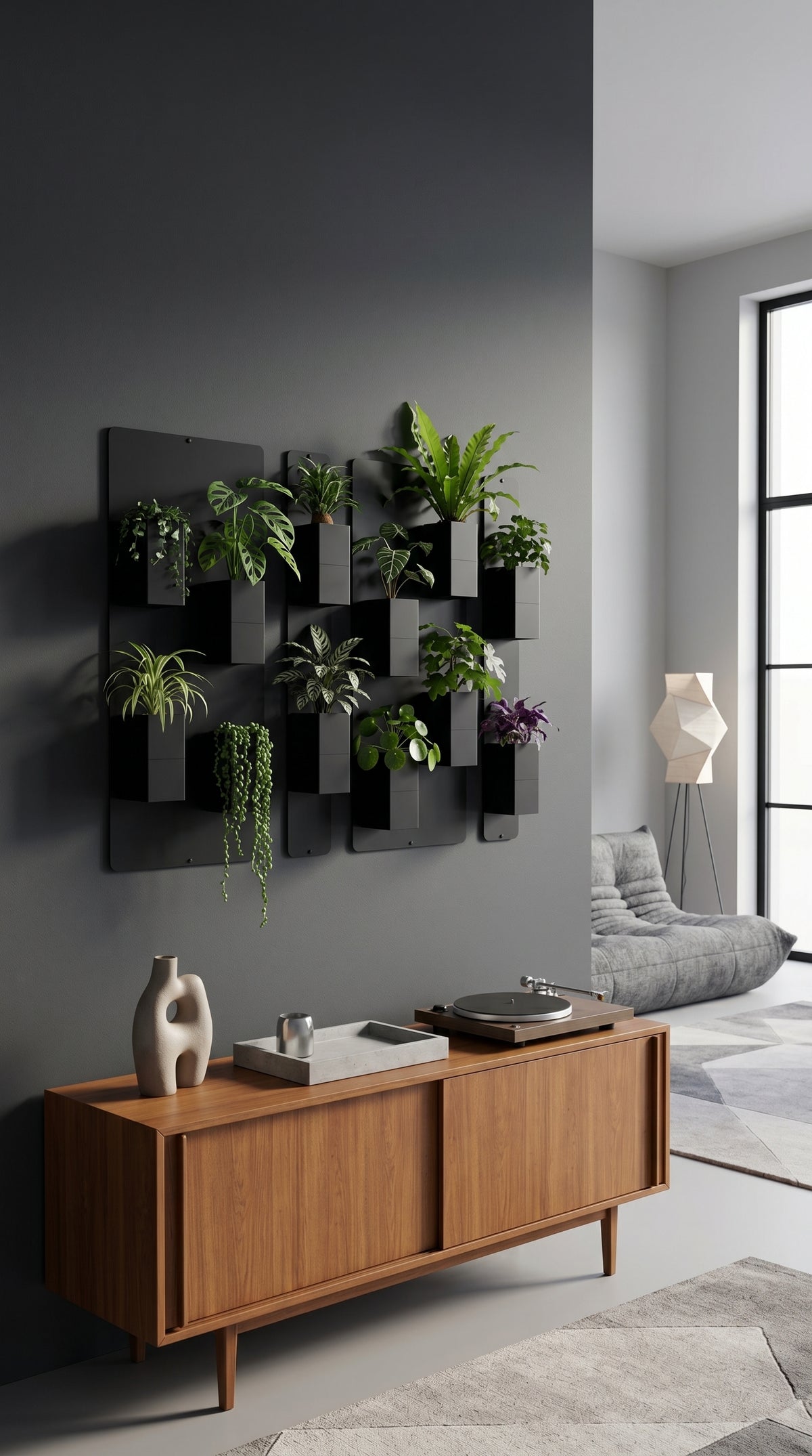 Aménagement biophilique et vintage-chic d'un salon contemporain par Éclance décoration intérieur végétal. Sur un grand mur peint en gris anthracite mat, un mur végétal modulaire associe des plaques magnétiques noires et de nombreux cache-pots Le cube tout noir (adaptés pour des pots de 6cm) d'où s'échappent des plantes vertes d'intérieur et des variétés tombantes. En dessous, un buffet en bois chaleureux accueille une platine vinyle rétro, un plateau en béton et un vase en céramique organique.