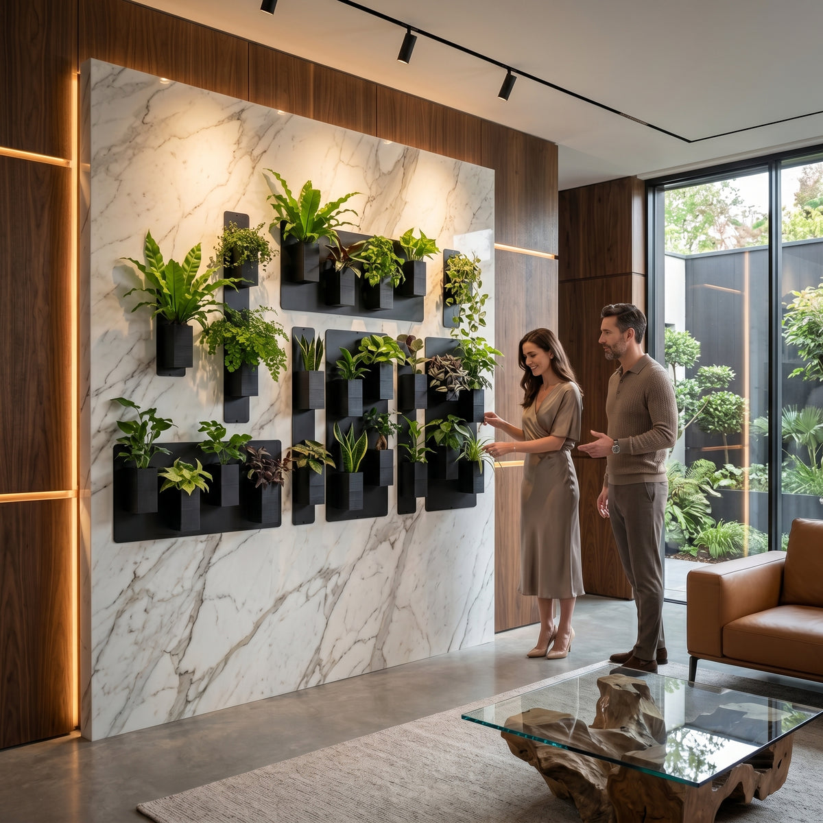 Mise en scène lifestyle et luxueuse d'un grand mur végétal modulaire Éclance décoration intérieur végétal dans un salon contemporain. Un homme et une femme admirent une composition XXL de plaques magnétiques noires fixées sur un imposant mur en marbre blanc veiné. De nombreux cache-pots monochromes Le cube tout noir (conçus pour des pots de 6cm) y sont aimantés, accueillant des plantes vertes variées (fougères, sansevieria, pothos). Le décor est sublimé par des habillages muraux en bois noble rétroéclairés 