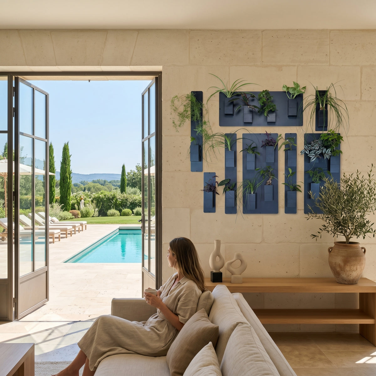 Décoration intérieure biophilique haut de gamme signée Éclance décoration intérieur végétal dans un salon provençal baigné de soleil. Sur un magnifique mur en pierre de taille claire, un grand mur végétal modulaire est composé de panneaux magnétiques noirs et de cache-pots Le cube tout noir (adaptés pour des pots de 6cm) remplis de plantes vertes. Une femme assise sur un canapé beige contemple l'extérieur à travers une grande porte-fenêtre ouverte qui donne sur une piscine, des transats et un paysage.