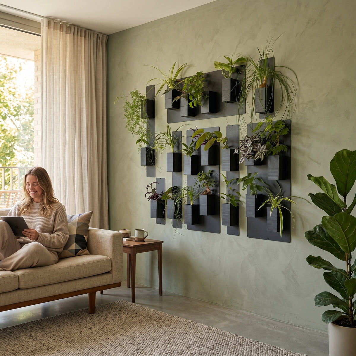 Une femme souriante assise sur un canapé beige utilise une tablette dans un salon chaleureux, à côté d'un grand mur végétal modulaire Éclance décoration intérieur végétal. Fixée sur un mur texturé vert sauge, la structure associe des plaques magnétiques noires et de nombreux cache-pots Le cube tout noir adaptés pour des pots de 6cm remplis de plantes vertes d'intérieur. Une petite table d'appoint en bois, un tapis tressé et un grand ficus lyrata en pot complètent cette ambiance sereine.