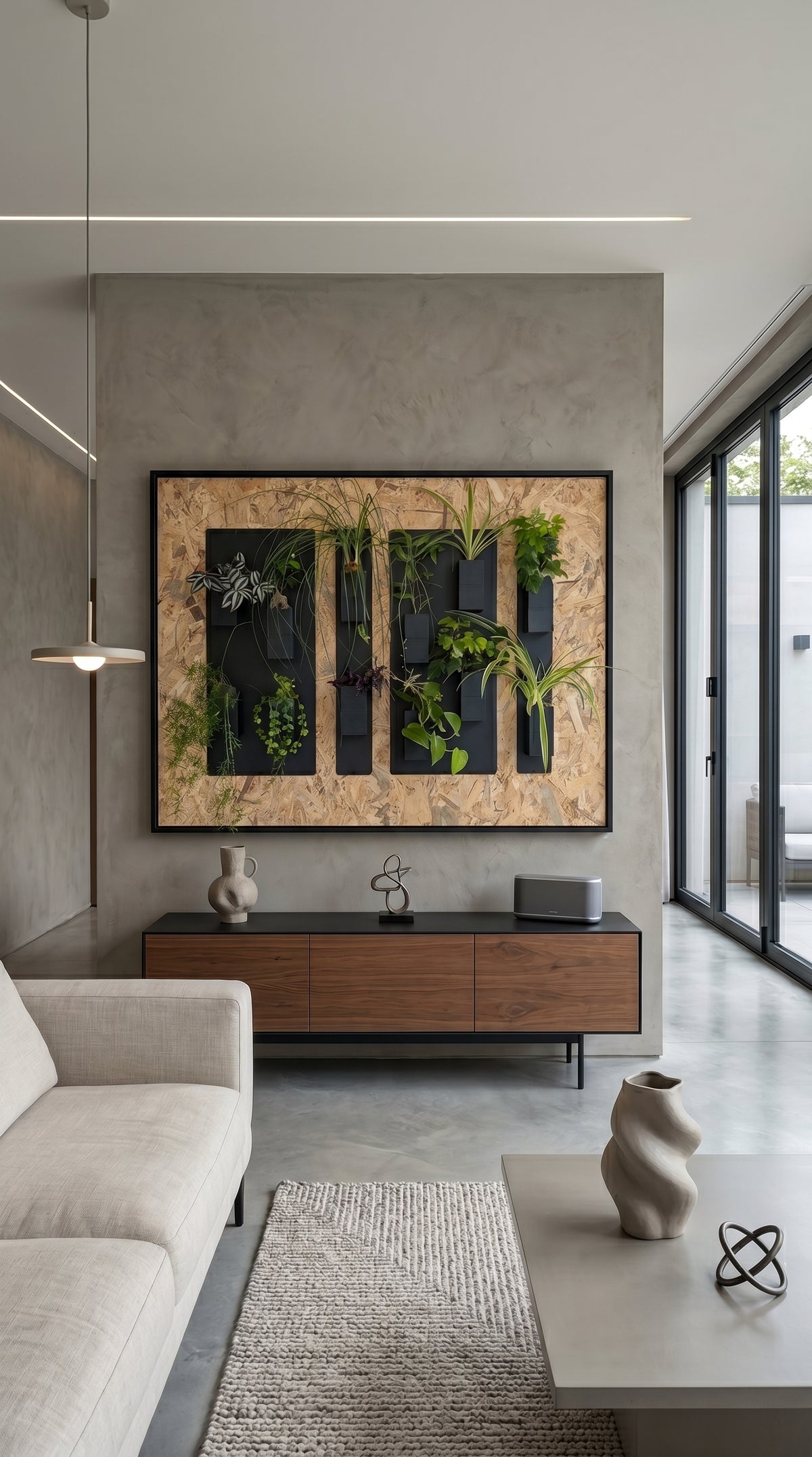 Aménagement biophilique et artistique d'un salon de style loft par Éclance décoration intérieur végétal. Sur un grand mur texturé gris effet béton ciré, un mur végétal modulaire est théâtralisé comme une œuvre d'art au sein d'un grand cadre noir sur fond de panneau en bois OSB. L'installation combine des plaques magnétiques noires et des cache-pots Le cube tout noir (conçus pour des pots de 6cm) remplis de plantes vertes. En dessous, un buffet bas en bois de noyer accueille un vase en céramique. 