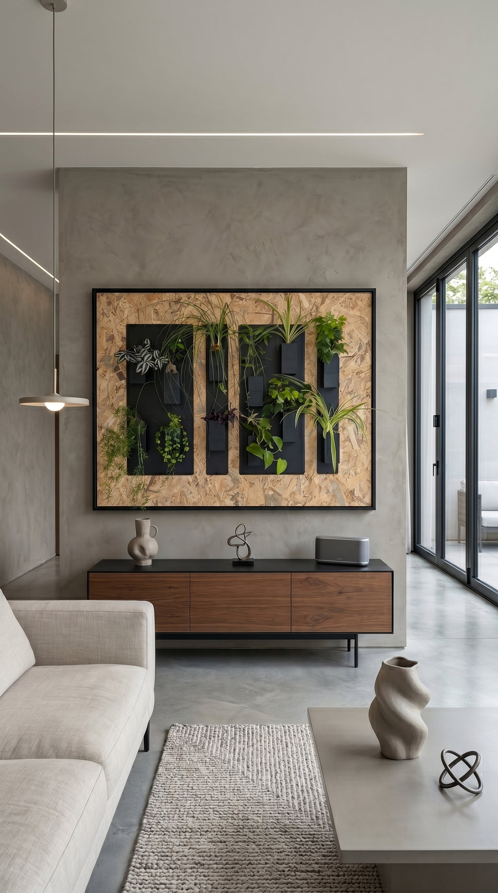 Aménagement biophilique et artistique d'un salon de style loft par Éclance décoration intérieur végétal. Sur un grand mur texturé gris effet béton ciré, un mur végétal modulaire est théâtralisé comme une œuvre d'art au sein d'un grand cadre noir sur fond de panneau en bois OSB. L'installation combine des plaques magnétiques noires et des cache-pots Le cube tout noir (conçus pour des pots de 6cm) remplis de plantes vertes. En dessous, un buffet bas en bois de noyer accueille un vase en céramique. 