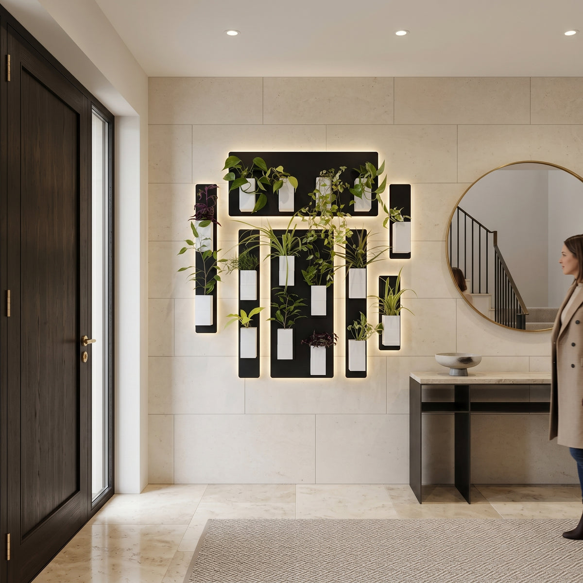 Installation murale végétale rétroéclairée de la marque Éclance décoration intérieur végétal dans un hall d'entrée raffiné. La composition modulaire comprend plusieurs panneaux magnétiques noirs aux contours lumineux fixés sur un mur en dalles de pierre beige. Ils portent de nombreux cache-pots Le cube tout blanc, spécialement adaptés pour des pots de 6cm, abritant des plantes d'intérieur variées. Un grand miroir rond doré et une console élégante complètent ce décor biophilique haut de gamme.