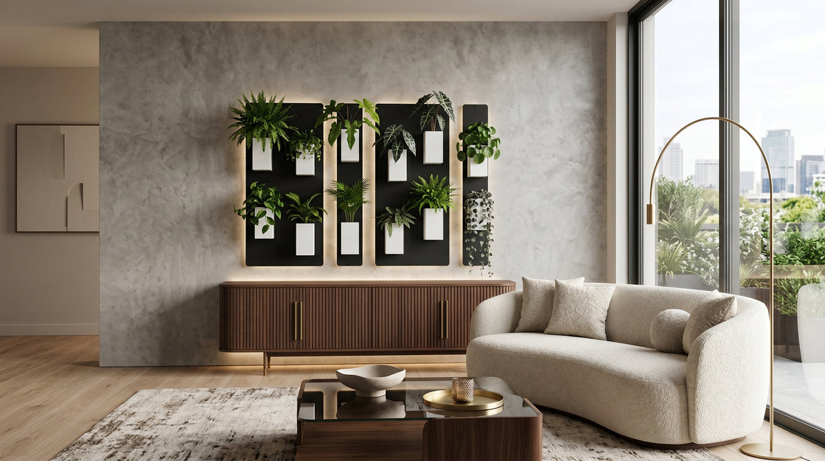 Aménagement biophilique et minimaliste d'un salon penthouse lumineux par Éclance décoration intérieur végétal. Fixée sur un grand mur texturé gris clair effet enduit mat, une composition de mur végétal modulaire associe des plaques magnétiques noires et plusieurs cache-pots Le cube tout blanc (conçus pour des pots de 6cm) garnis de plantes vertes d'intérieur variées. Un canapé curviligne de style haricot en tissu bouclé crème repose sur un grand tapis tissé beige, devant une table basse en verre.
