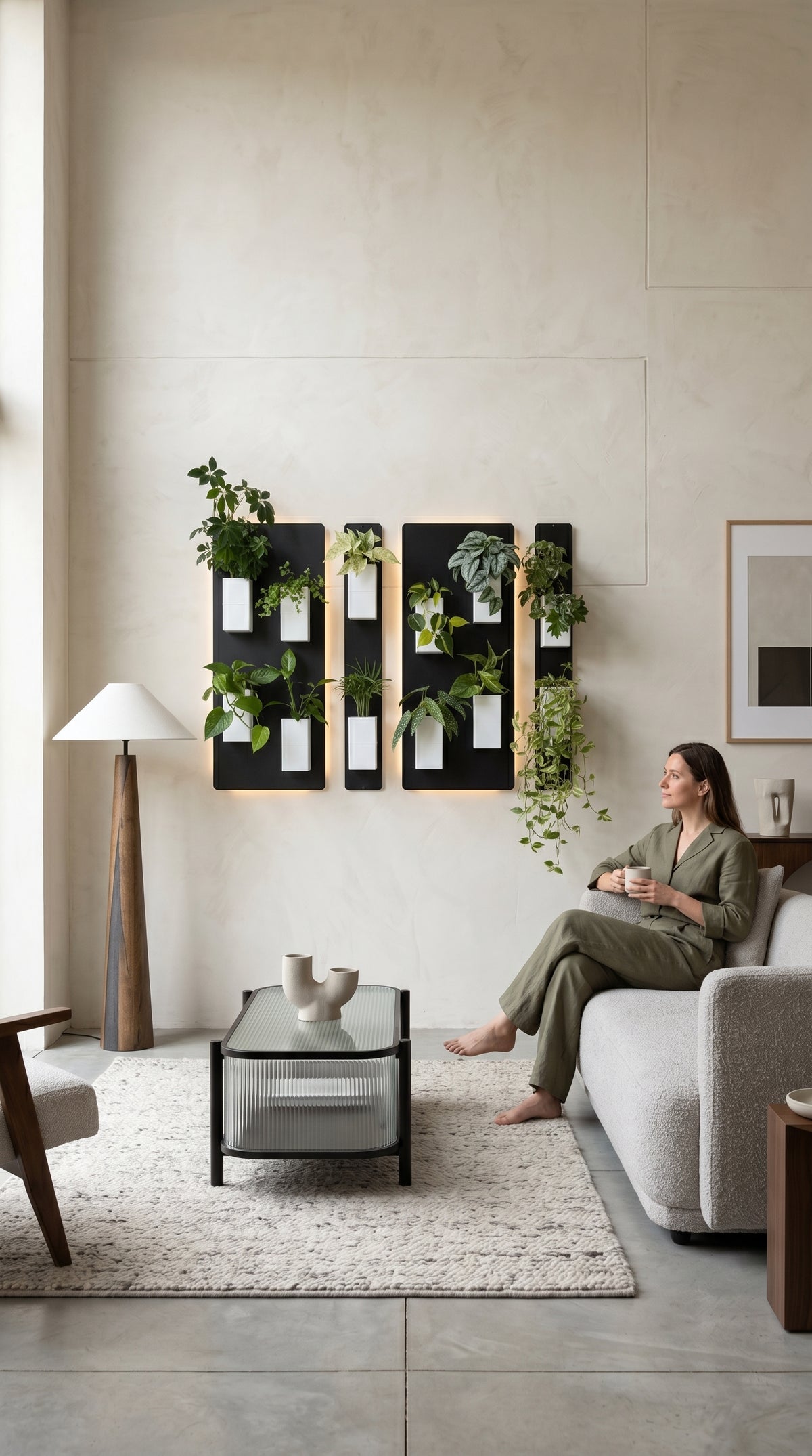 Aménagement biophilique et hautement relaxant d'un salon au style Japandi ou modern organic par Éclance décoration intérieur végétal. Sur un grand mur épuré à l'enduit texturé beige clair, un mur végétal modulaire équipé d'un rétroéclairage LED chaleureux associe des plaques magnétiques noires et de nombreux cache-pots Le cube tout blanc (conçus pour des pots de 6cm) garnis de plantes vertes variées. À droite, une femme sereine en combinaison verte est assise sur un canapé en tissu bouclé crème.