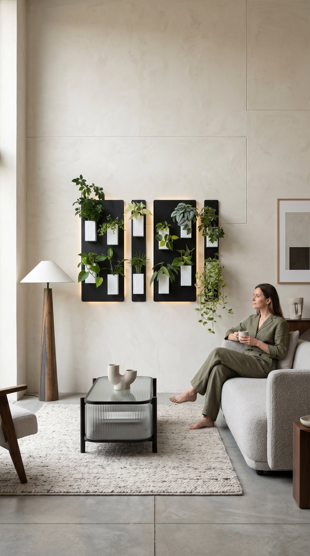 Aménagement biophilique et hautement relaxant d'un salon au style Japandi ou modern organic par Éclance décoration intérieur végétal. Sur un grand mur épuré à l'enduit texturé beige clair, un mur végétal modulaire équipé d'un rétroéclairage LED chaleureux associe des plaques magnétiques noires et de nombreux cache-pots Le cube tout blanc (conçus pour des pots de 6cm) garnis de plantes vertes variées. À droite, une femme sereine en combinaison verte est assise sur un canapé en tissu bouclé crème.