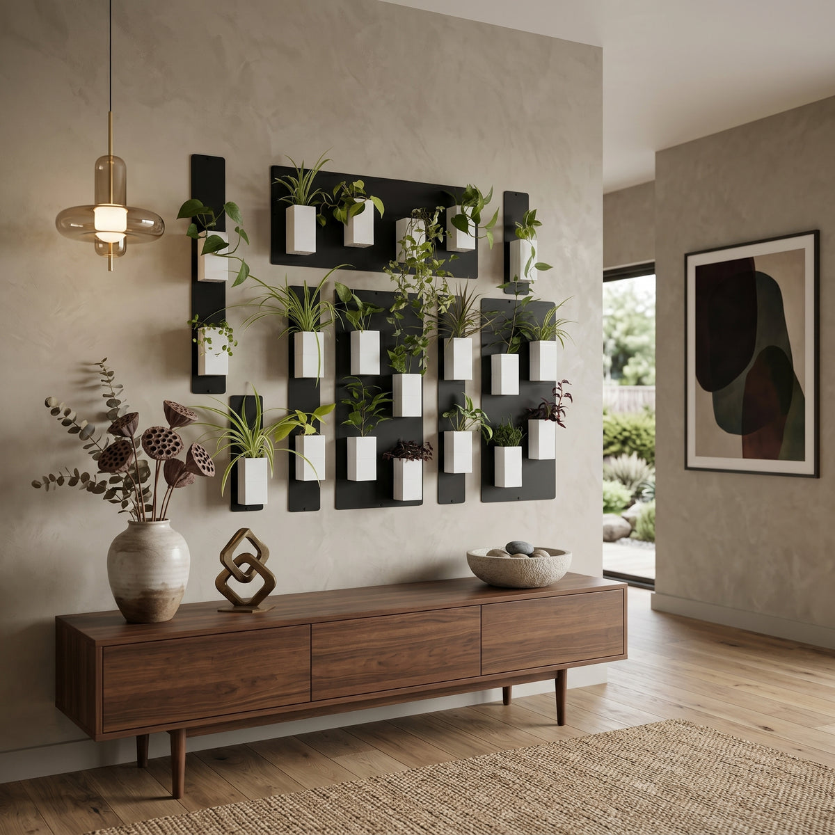 Une grande composition de mur végétal modulaire Éclance décoration intérieur végétal installée dans un salon contemporain raffiné. Sur un mur texturé beige effet enduit à la chaux, plusieurs plaques magnétiques noires sont habillées de nombreux cache-pots Le cube tout blanc, adaptés pour des pots de 6cm, contenant des plantes vertes variées. Sous cette installation, un long meuble en bois de noyer accueille un vase en céramique avec des tiges séchées, une sculpture en métal et une coupe en pierre. 