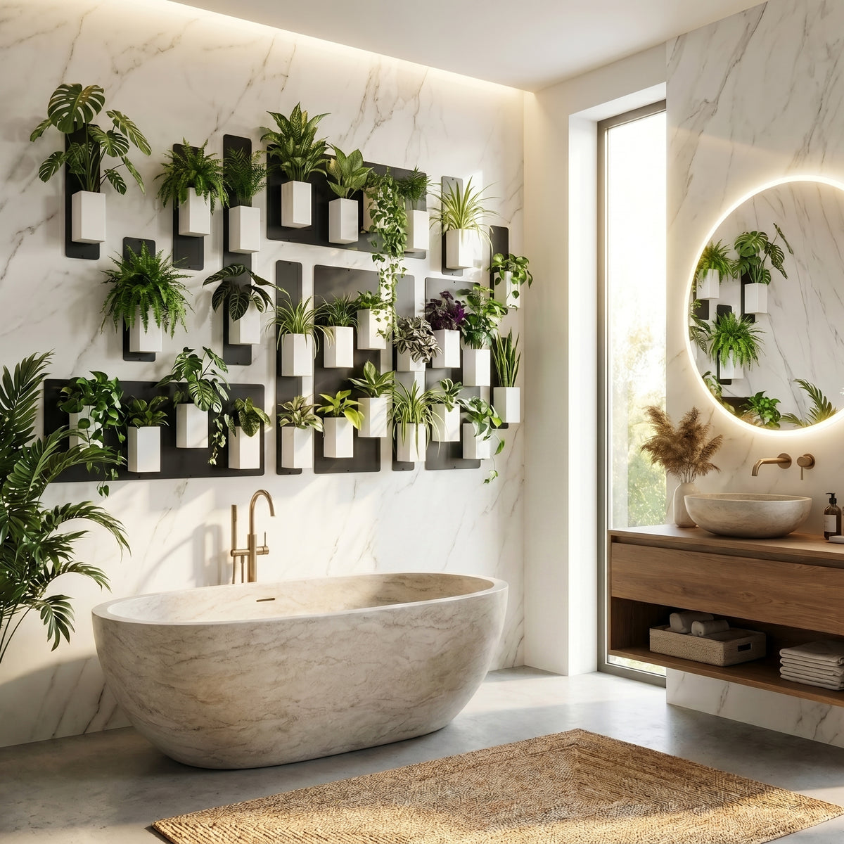 Ambiance spa et bien-être signée Éclance décoration intérieur végétal dans une salle de bain de luxe. Un grand mur végétal modulable et graphique est fixé sur un mur en marbre blanc veiné au-dessus d'une baignoire îlot en pierre. L'installation comprend des plaques en acier noir sur lesquelles sont aimantés de nombreux cache-pots 'Le cube' blancs (adaptés pour un pot de 6cm) avec des plantes d'intérieur luxuriantes. Un meuble vasque en bois, un grand miroir rond rétroéclairé à LED.