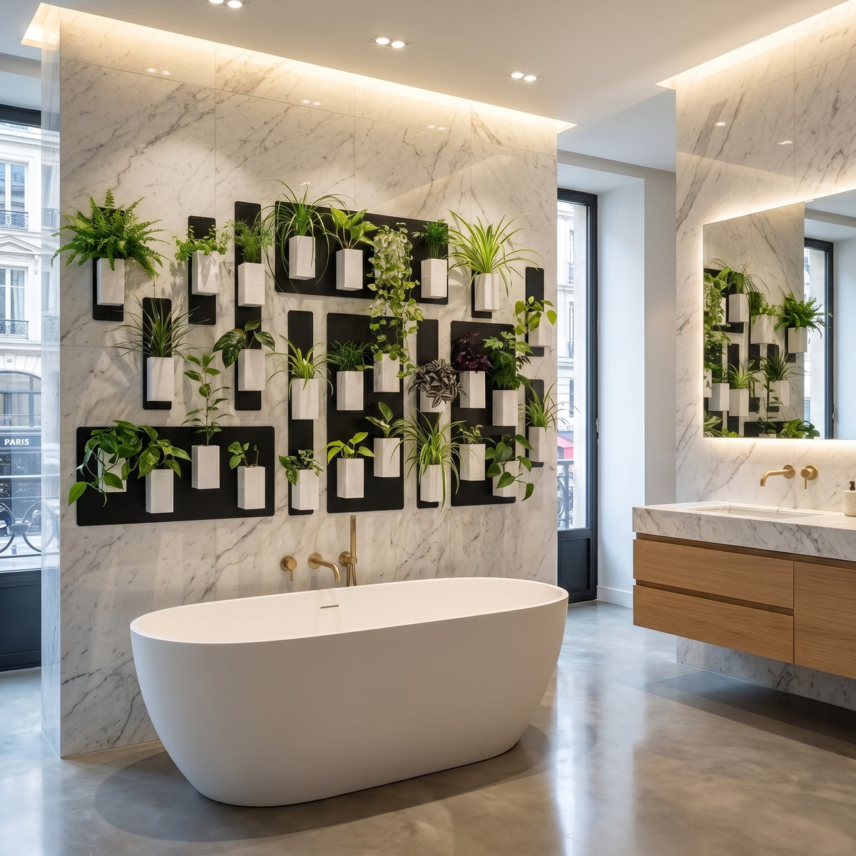 Ambiance de salle de bain de luxe signée Éclance décoration intérieur végétal. Une grande composition de mur végétal moderne est fixée sur une cloison en marbre blanc veiné, mettant en scène le cache-pot Le cube blanc (spécifiquement adapté pour un pot de 6cm) aimanté sur des supports métalliques noirs. L'espace au sol en béton ciré comprend une baignoire îlot blanche épurée avec robinetterie en laiton doré, un meuble vasque suspendu en bois clair et un grand miroir rétroéclairé.