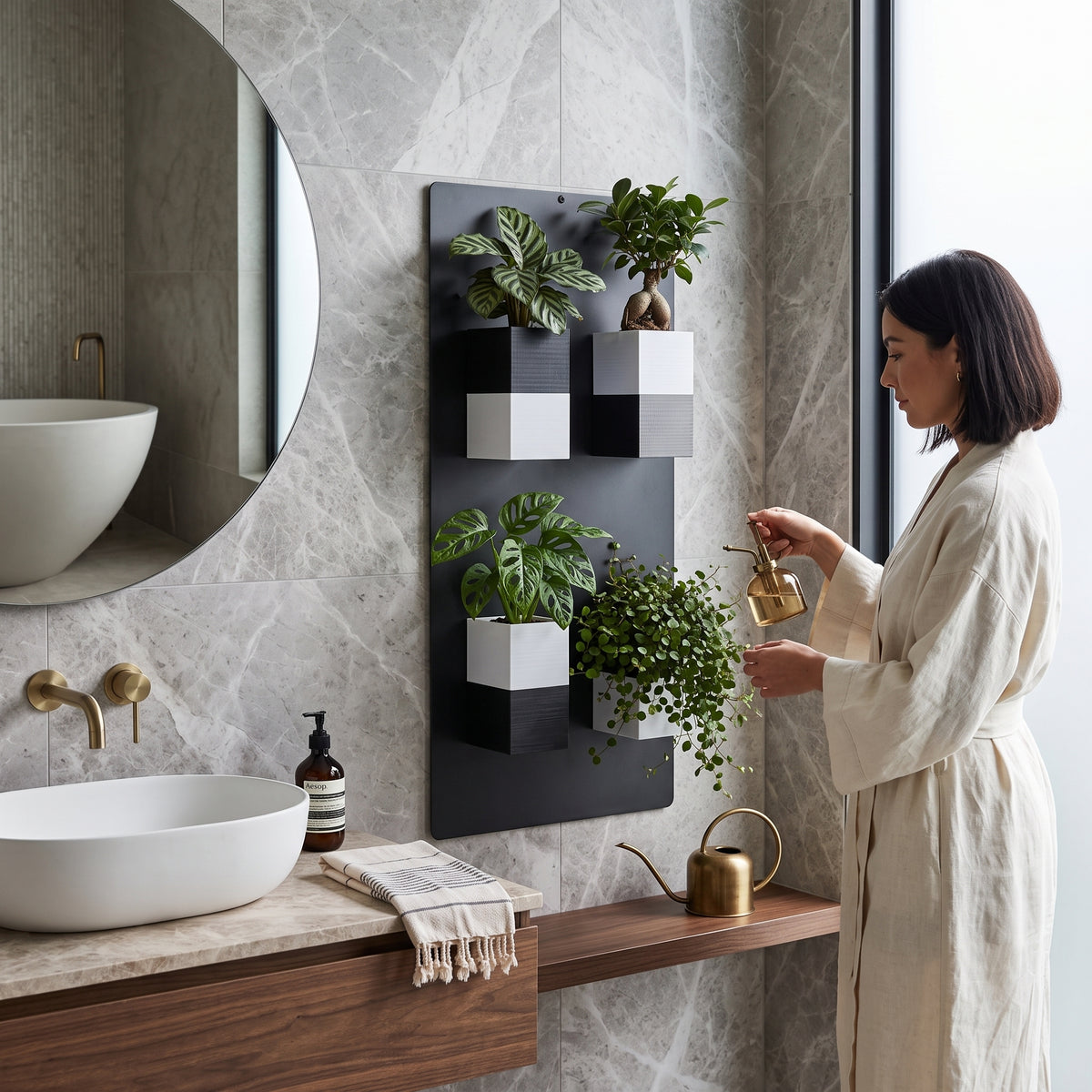 Panneau végétal mural noir Éclance décoration intérieur végétal fixé sur un mur en marbre gris dans une salle de bain design. Le support comprend quatre cache-pots bicolores noir et blanc Le cube, parfaitement adaptés pour un pot de 6cm, abritant des plantes vertes tropicales qu'une femme en peignoir arrose à l'aide d'un brumisateur doré, à côté d'une vasque blanche moderne.