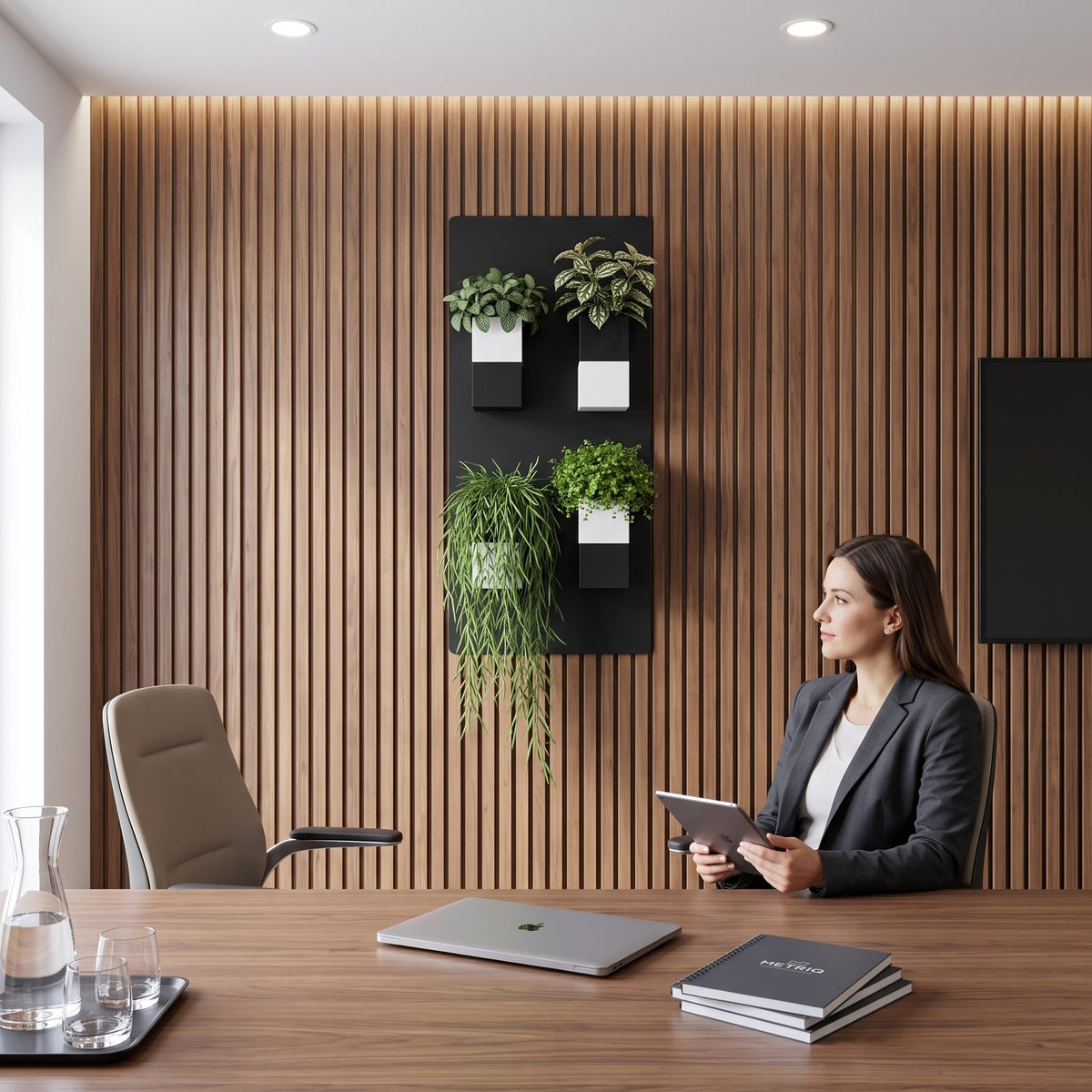 Panneau végétal mural noir Éclance décoration intérieur végétal fixé sur un magnifique mur en tasseaux de bois dans une salle de conférence. Le support intègre quatre cache-pots bicolores noir et blanc Le cube, idéalement adaptés pour un pot de 6cm, abritant diverses plantes vertes d'intérieur dont une variété retombante, en arrière-plan d'une femme d'affaires avec une tablette.