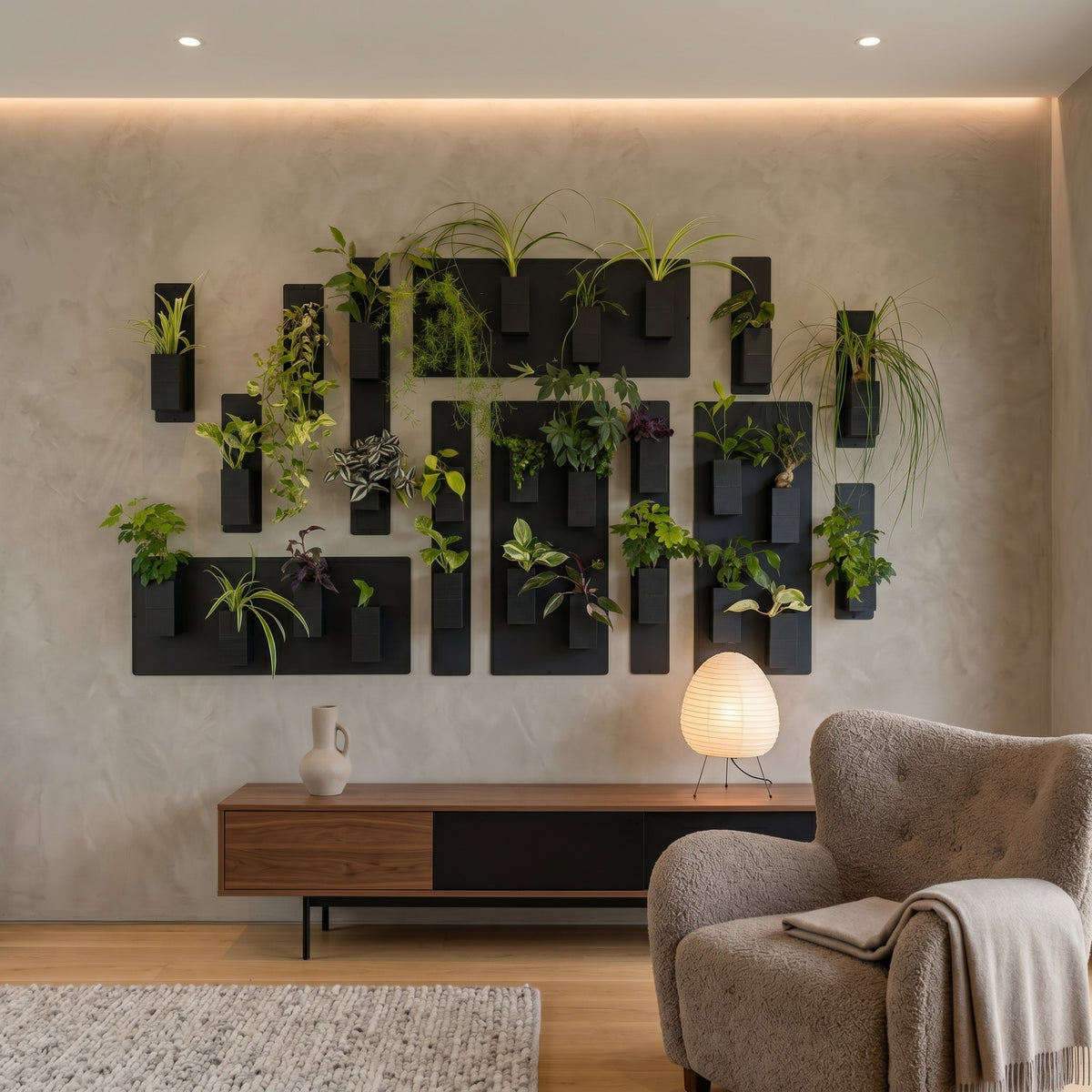 Ambiance de salon contemporain et chaleureux sublimée par la décoration intérieur végétal Éclance. Un grand mur végétal modulable, composé de supports métalliques et du cache-pot Le cube noir (adapté pour un pot de 6cm), est installé sur un mur effet béton ciré au-dessus d'une enfilade en bois noble, à côté d'un fauteuil en tissu bouclette et d'une lampe en papier design.