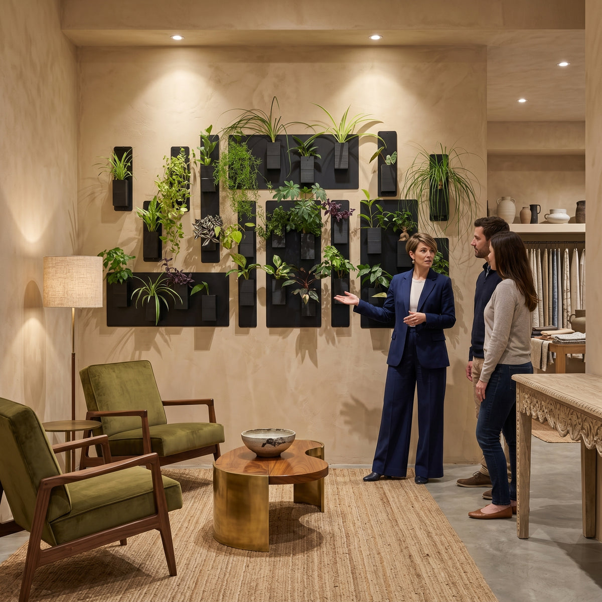 Ambiance de showroom design signée Éclance décoration intérieur végétal, mettant en scène un grand mur végétal modulable. L'installation est composée de supports muraux métalliques noirs et de nombreux cache-pots Le cube noirs, parfaitement adaptés pour des pots de 6cm, abritant une variété de plantes vertes luxuriantes. Une conseillère en tailleur bleu présente cette création unique à un couple de clients, au cœur d'un espace luxueux avec mur texturé fauteuils en velours vert et tapis en jute.