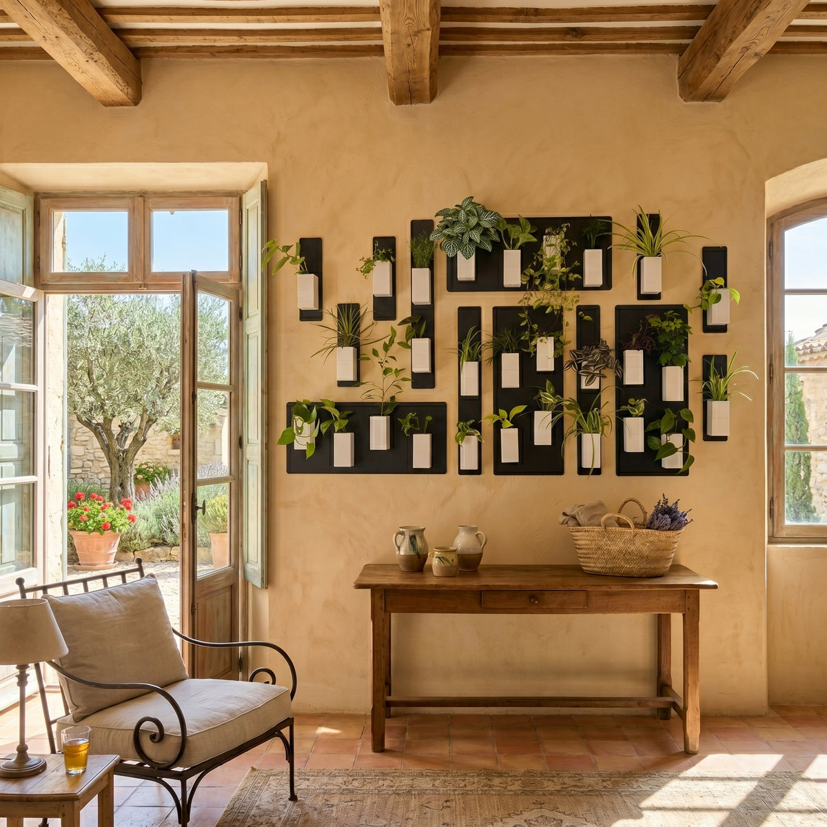 Décoration intérieur végétal signée Éclance dans un salon au style provençal et authentique. Un grand mur végétal modulable associe des plaques de fixation noires et le cache-pot Le cube blanc (parfaitement adapté pour un pot de 6cm) garni de plantes vertes. L'installation sublime un mur en stuc beige, au-dessus d'une table console en bois brut, dans une pièce avec poutres apparentes et tomettes, ouverte sur un jardin ensoleillé.