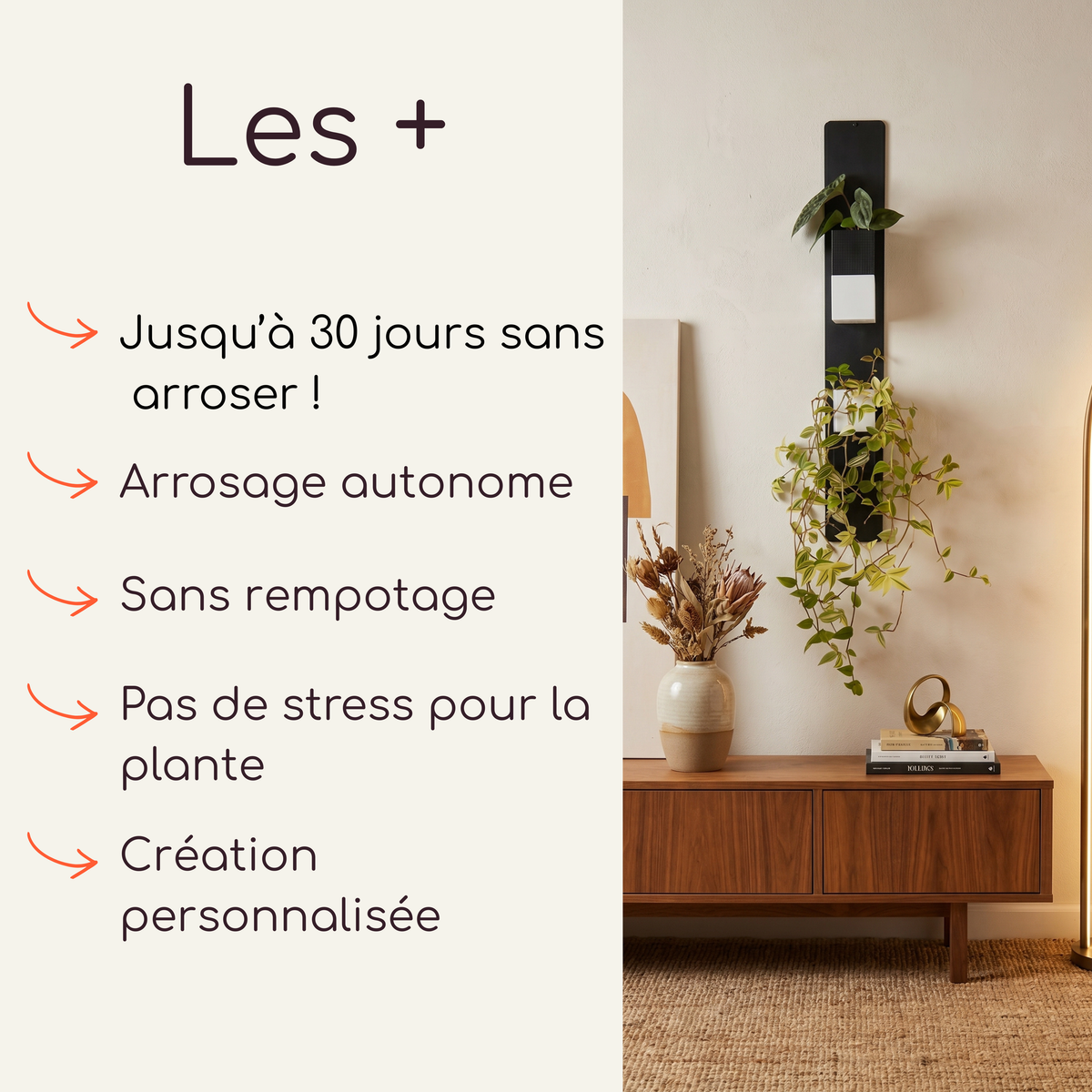 Support végétal mural noir Éclance décoration intérieur végétal avec deux cache-pots Le Cube adaptés pour pot de 6cm, coloris blanc et bicolore noir et blanc, fixé au-dessus d'un meuble en bois.