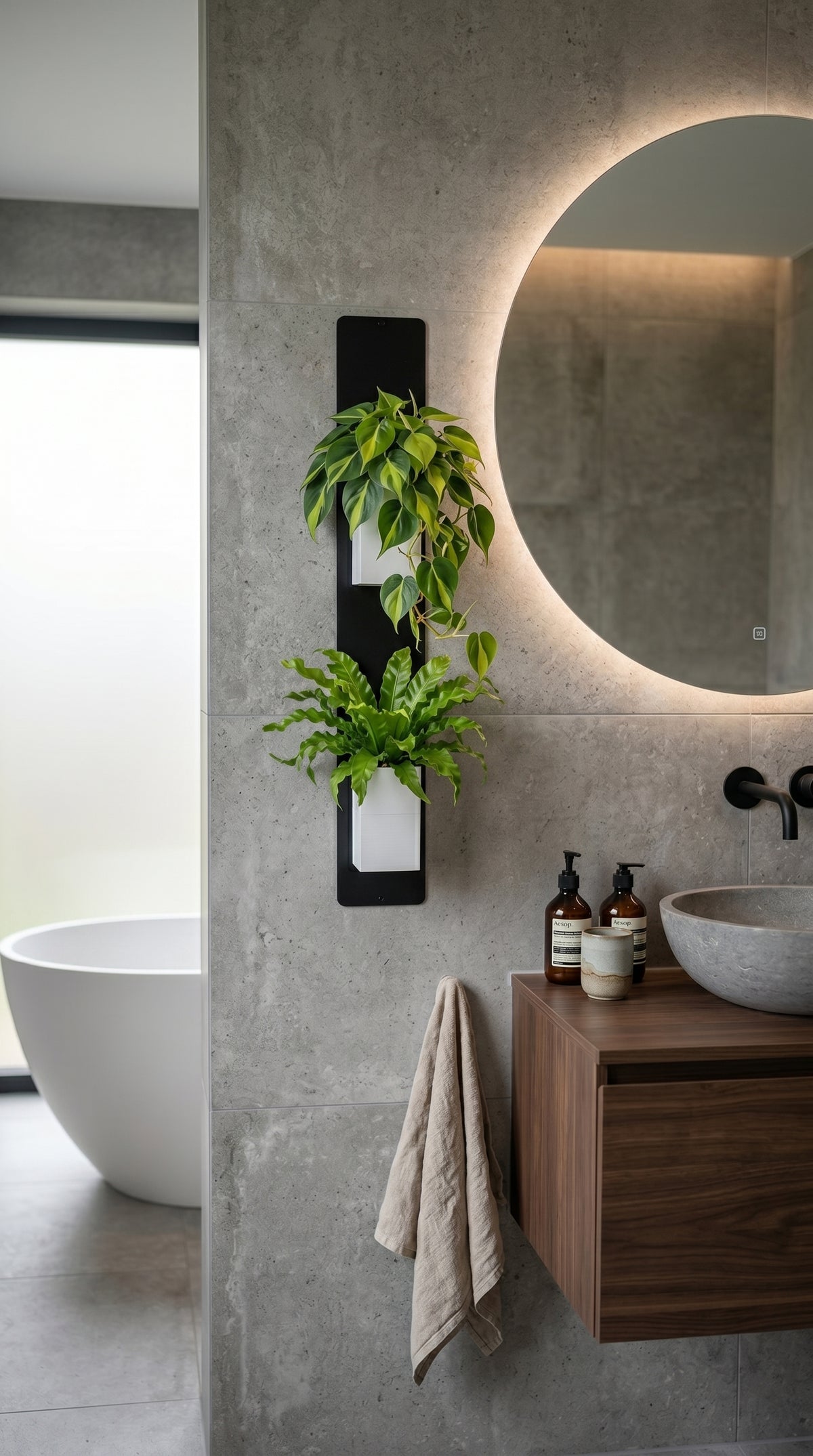 Support mural noir Éclance décoration intérieur végétal doté de deux cache-pots blancs Le cube (adaptés pour un pot de 6cm) avec plantes vertes tombantes, fixé à côté d'un grand miroir rond rétroéclairé dans une salle de bain.