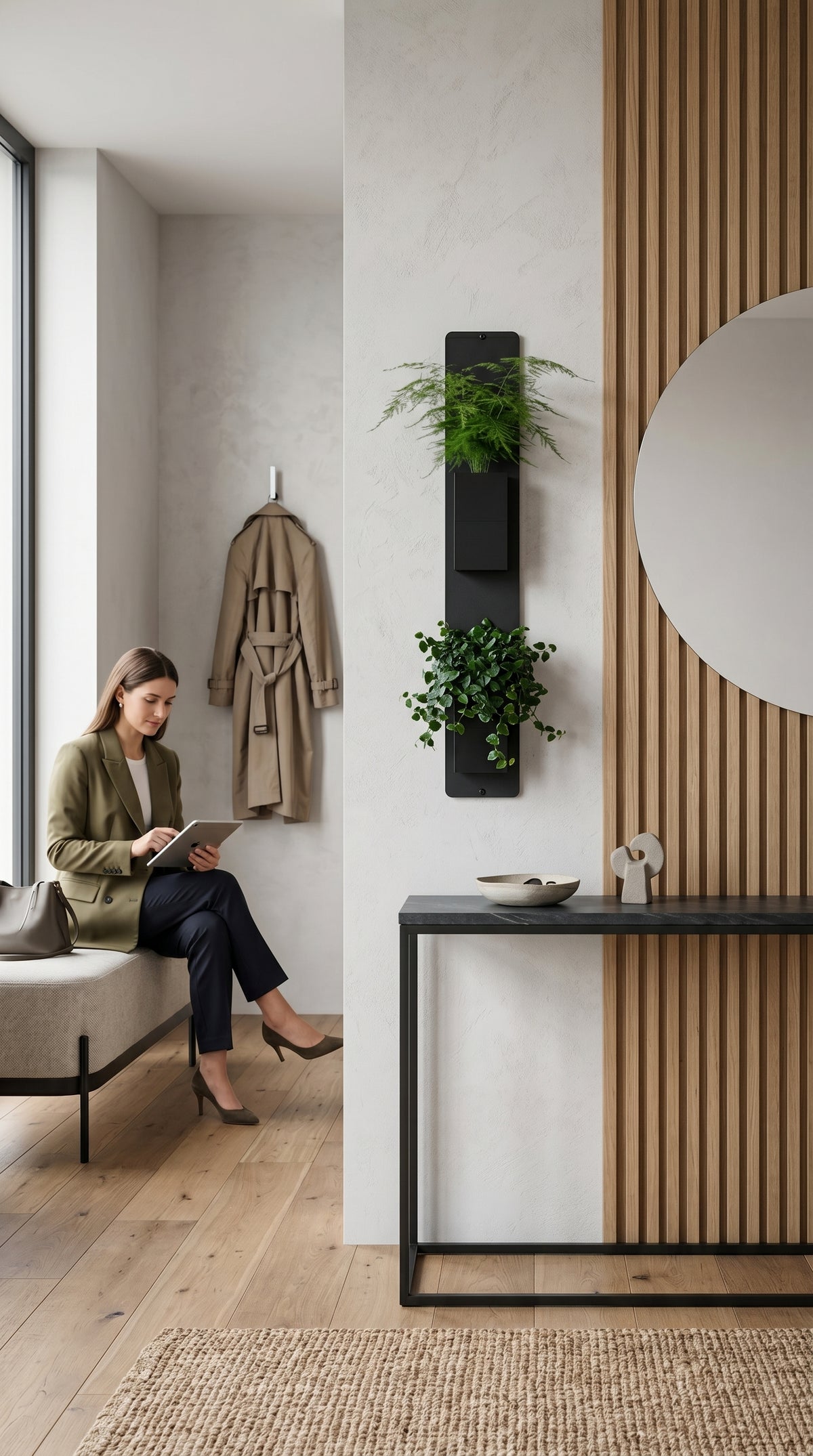 Support mural noir Éclance décoration intérieur végétal avec deux cache-pots noirs Le cube (adaptés pour un pot de 6cm), fixé dans un hall d'entrée chic à côté d’un mur en tasseaux de bois avec miroir rond.