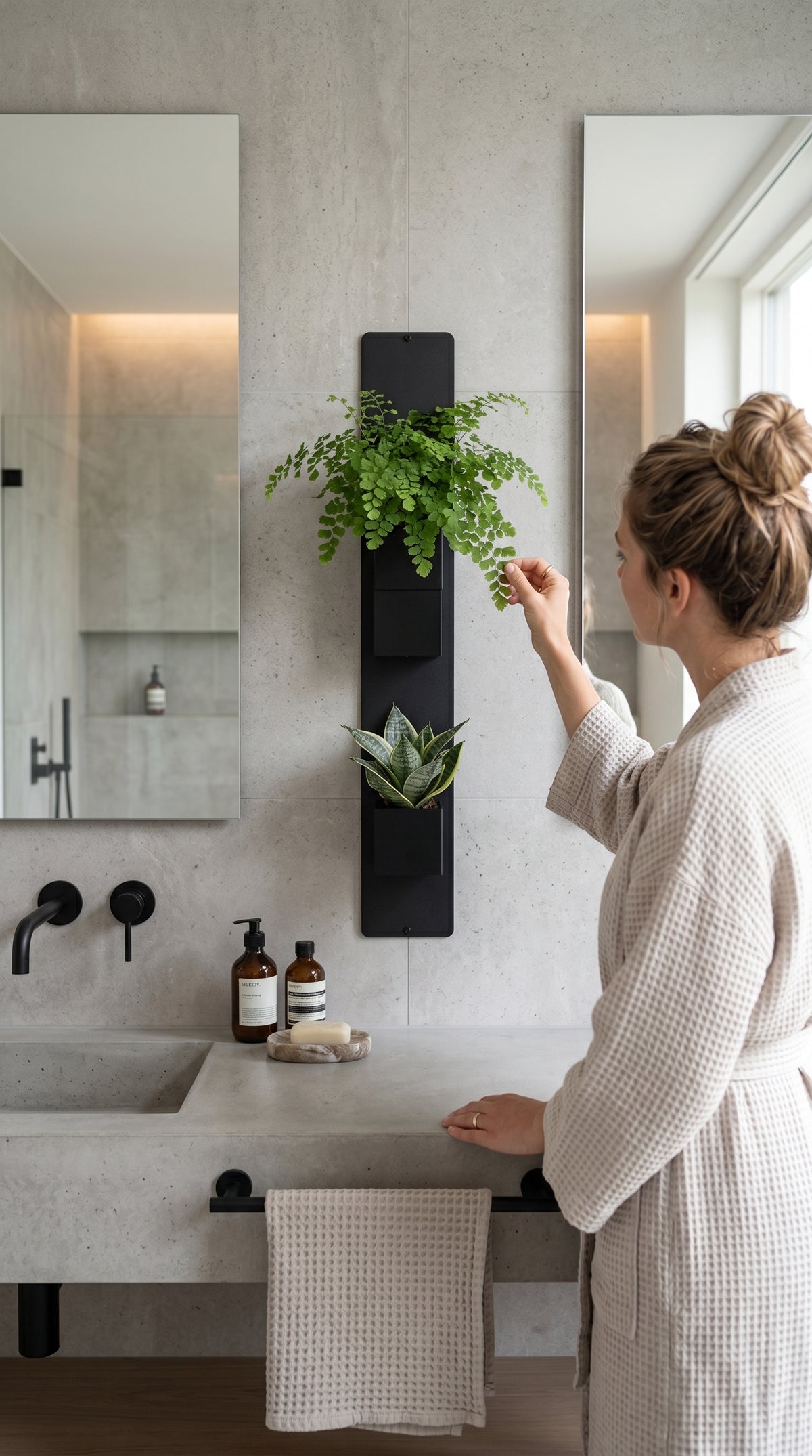 Femme en peignoir gaufré touchant une fougère sur le support mural noir Éclance décoration intérieur végétal, équipé de deux cache-pots noirs Le cube (adaptés pour un pot de 6cm) dans une salle de bain en béton.